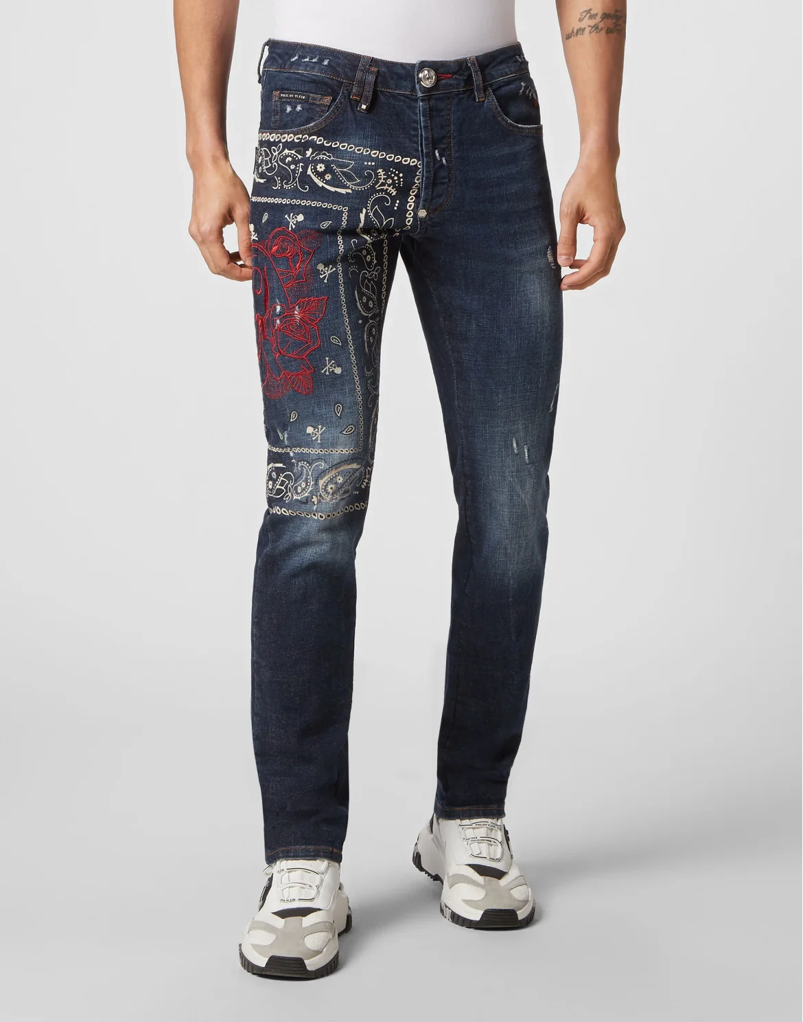 Embroidered Denim Trousers Super Straight Cut Paisley Bandana, цвет: Синий