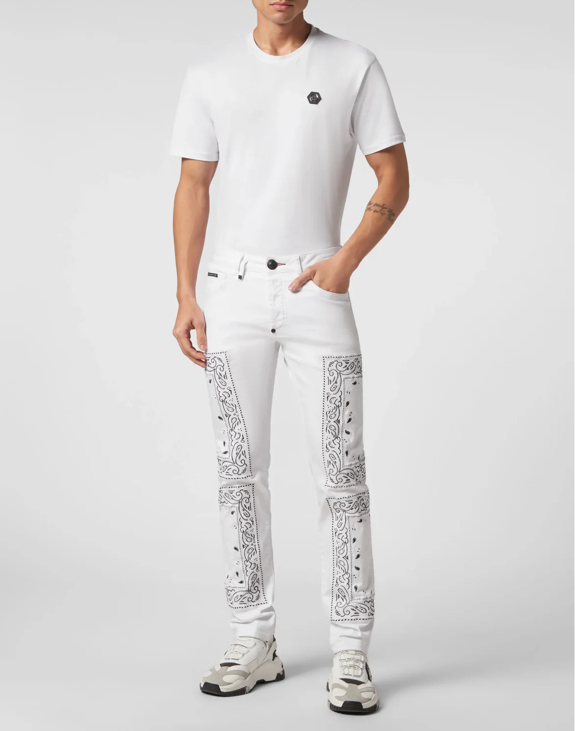Embroidered Denim Trousers Super Straight Cut Paisley Bandana, цвет: Белый