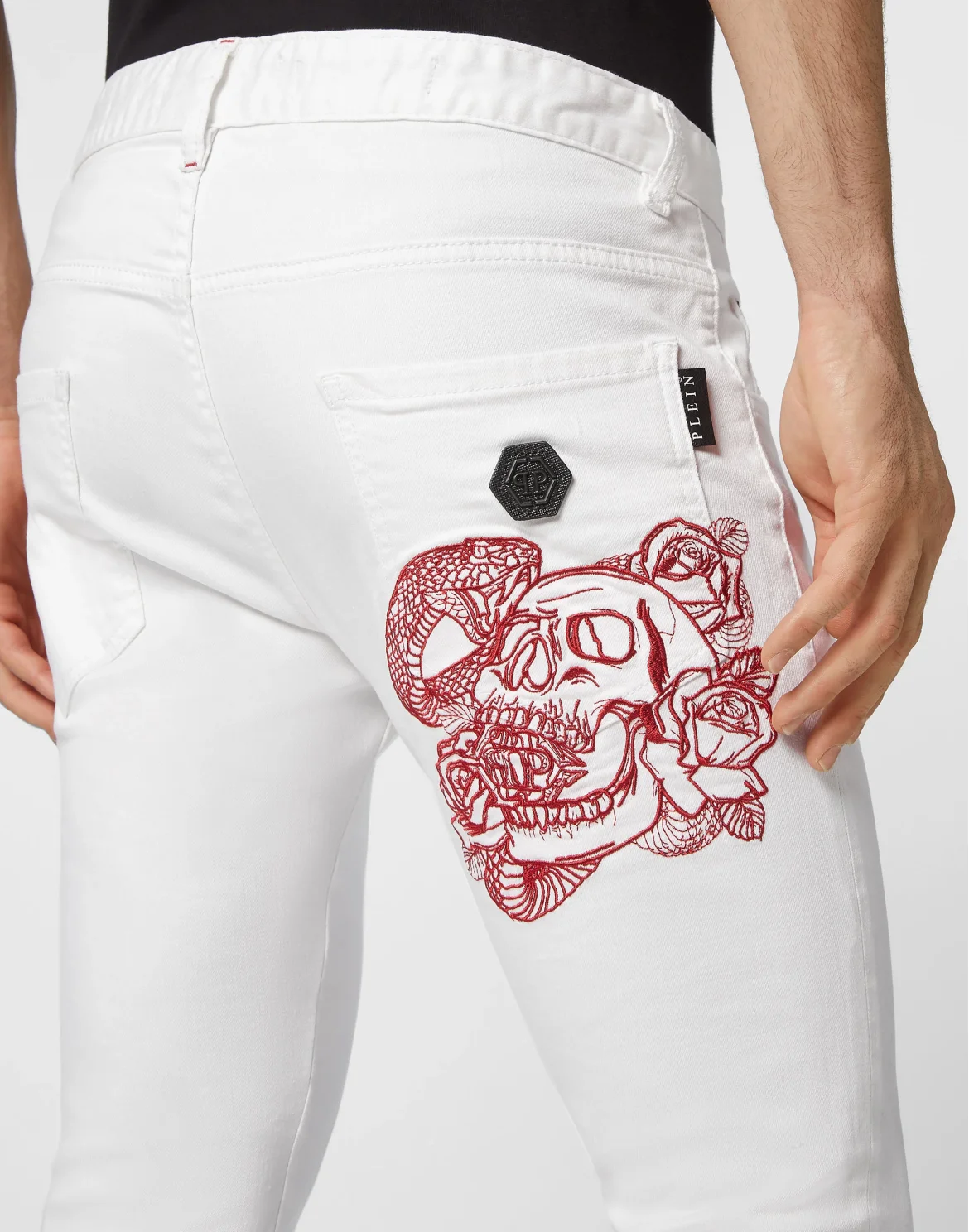 Embroidered Denim Trousers Skinny Fit Skull, цвет: Белый