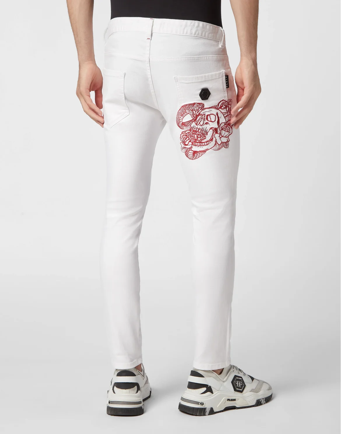 Embroidered Denim Trousers Skinny Fit Skull, цвет: Белый