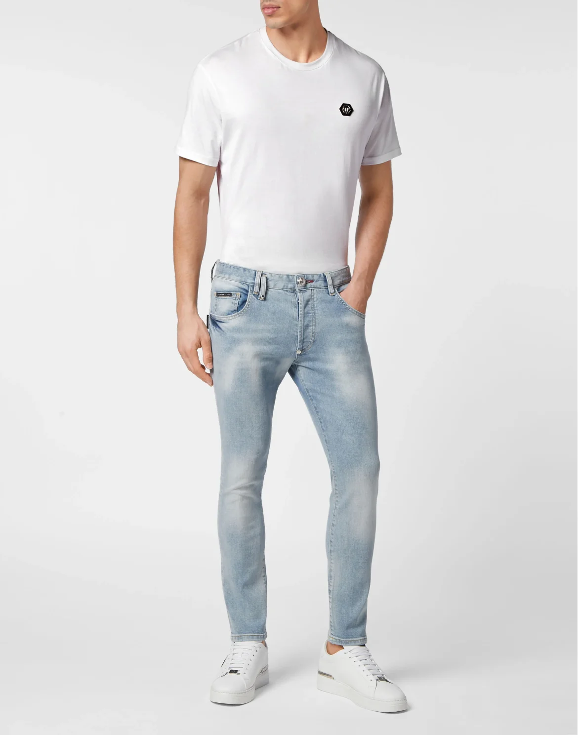 Embroidered Denim Trousers Skinny Fit Skull, цвет: Голубой