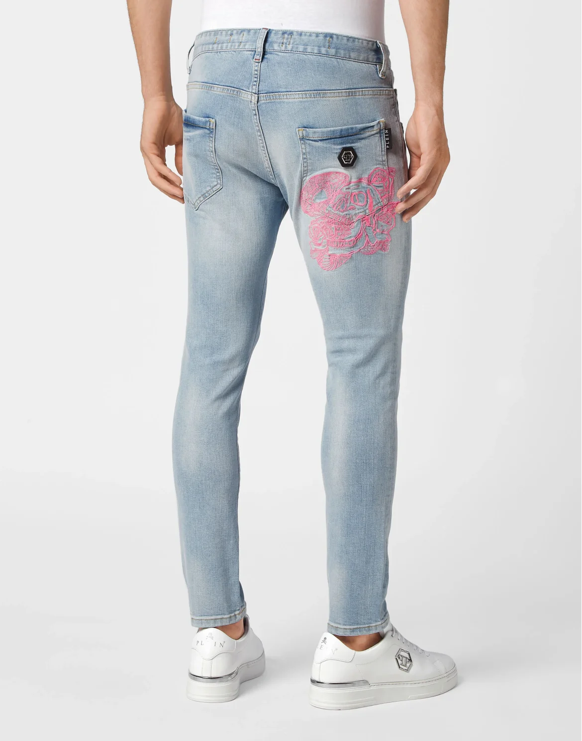 Embroidered Denim Trousers Skinny Fit Skull, цвет: Голубой