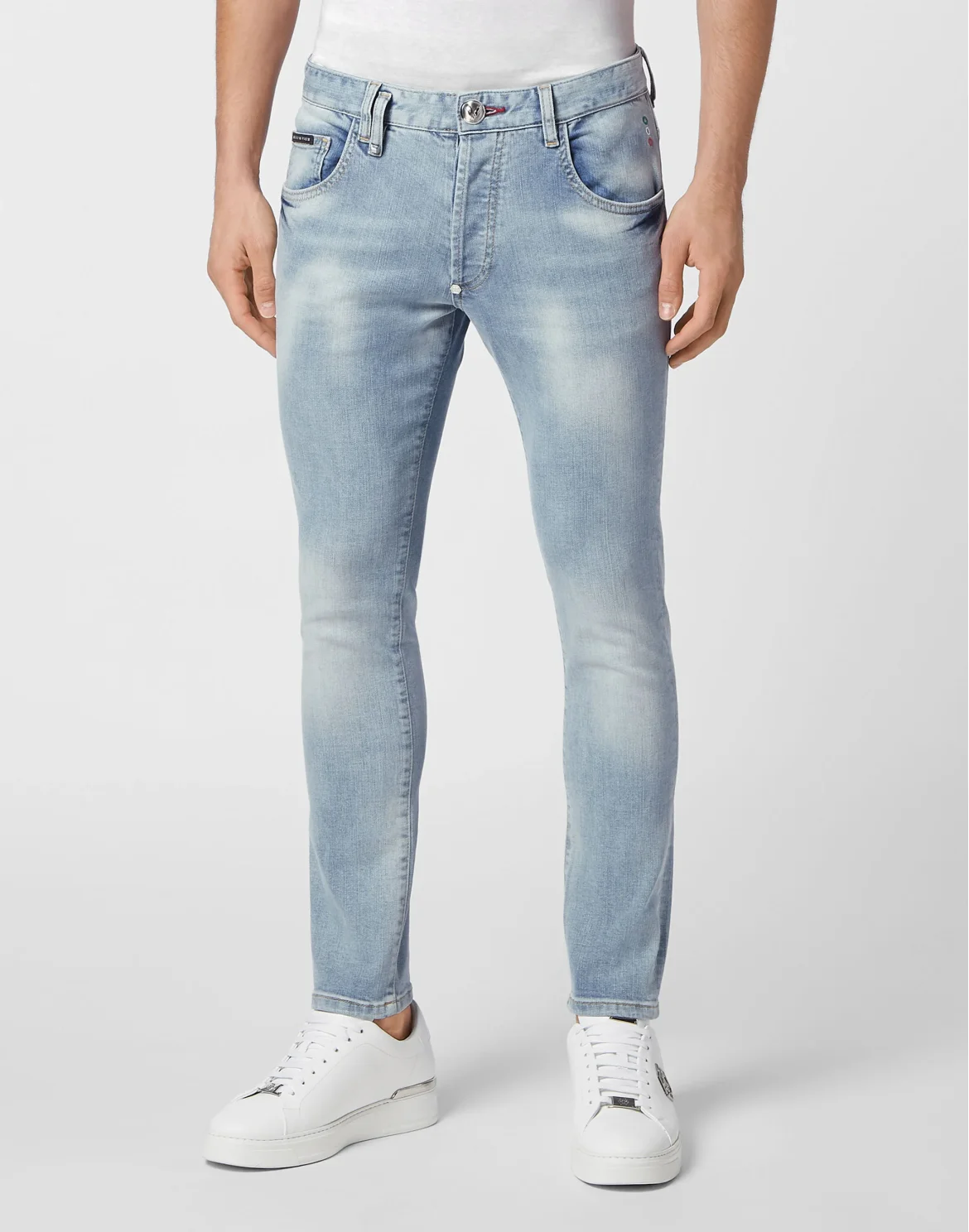 Embroidered Denim Trousers Skinny Fit Skull, цвет: Голубой