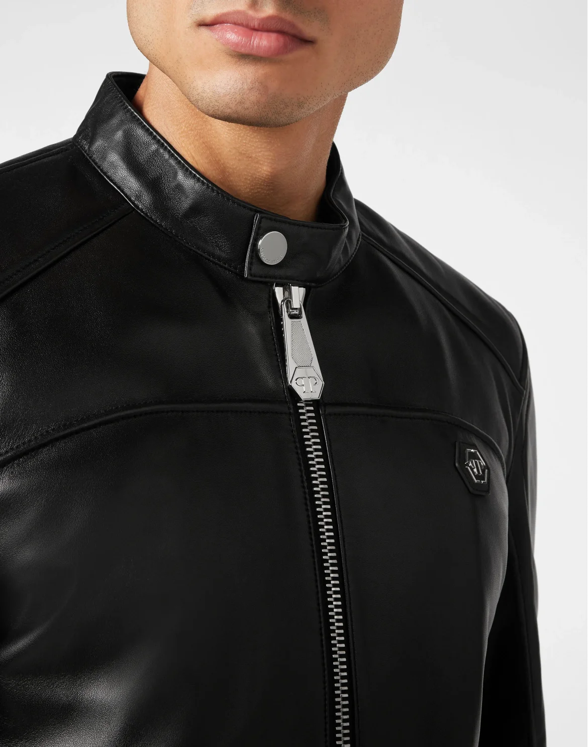 Padded Leather Biker Jacket, цвет: Черный