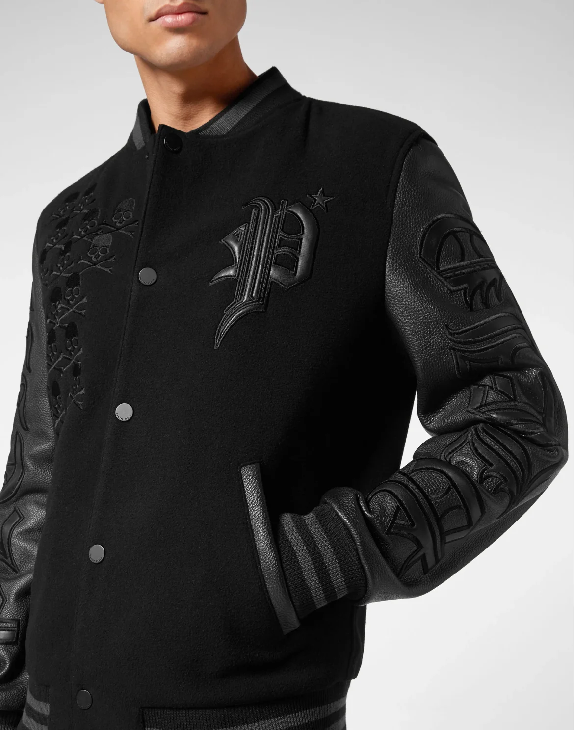 Wool College Bomber with Leather Arms Gothic Plein, цвет: Черный