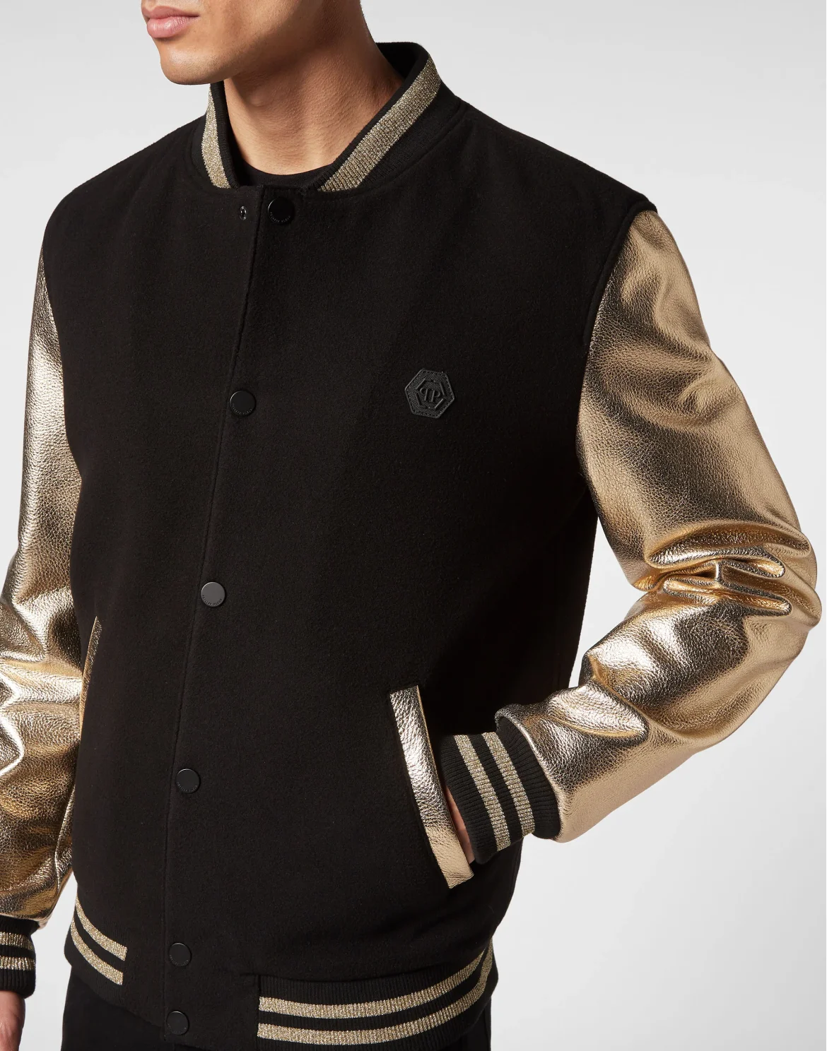 Wool College Bomber with Leather Arms, цвет: Черный