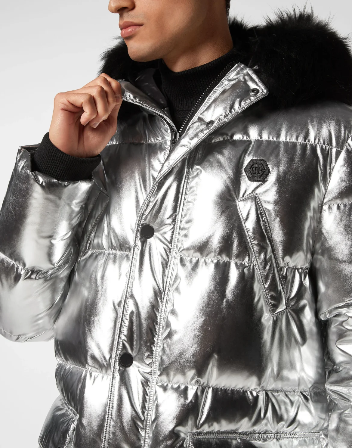 Nylon Parka with Real Fur Skull&Bones, цвет: Серебристый