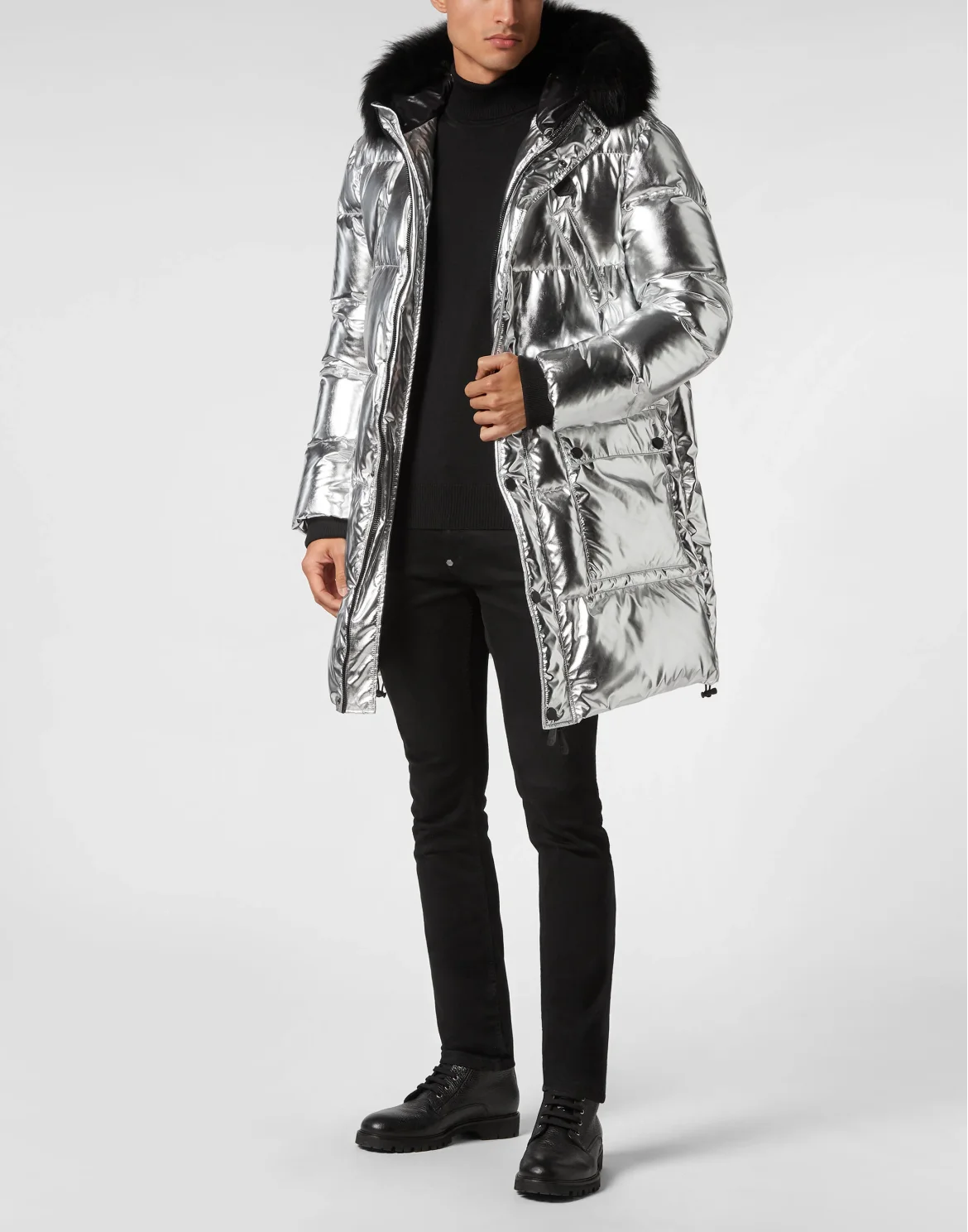 Nylon Parka with Real Fur Skull&Bones, цвет: Серебристый