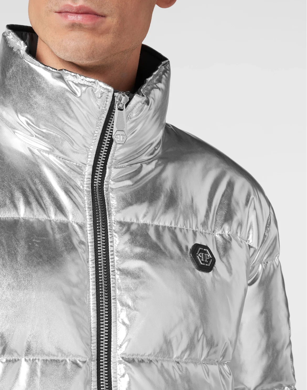 Nylon Puffer Jacket Gothic Plein, цвет: Серебристый