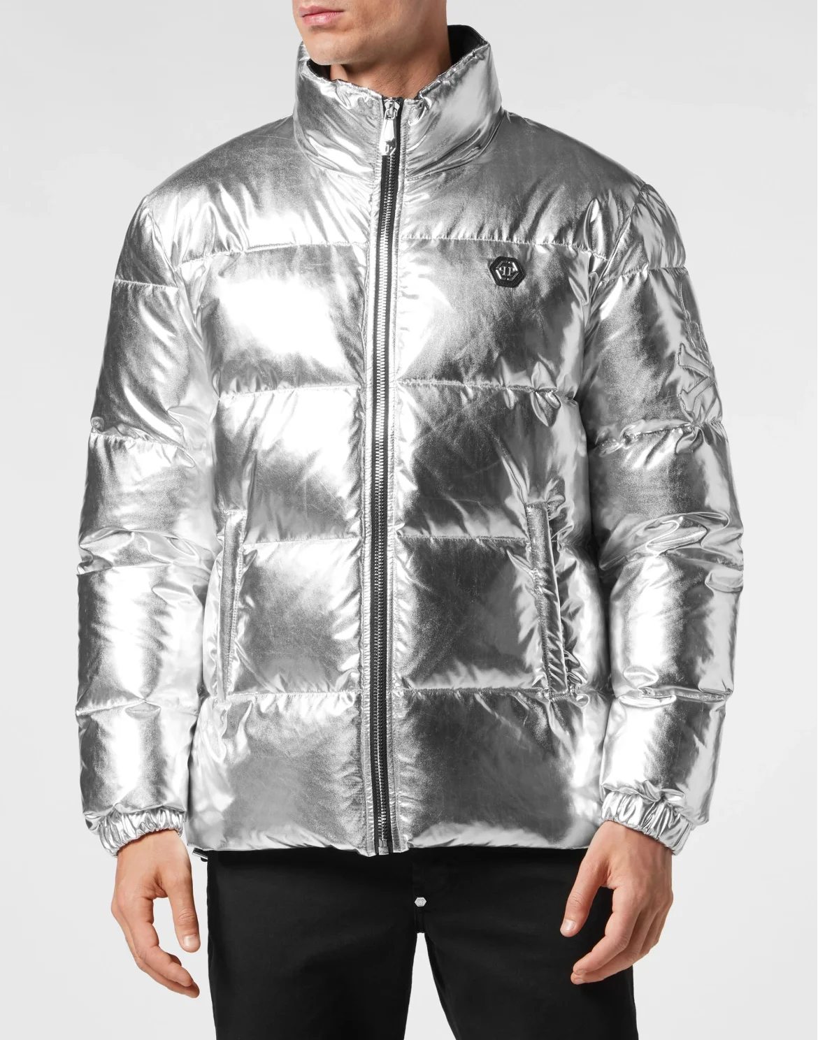 Nylon Puffer Jacket Gothic Plein, цвет: Серебристый