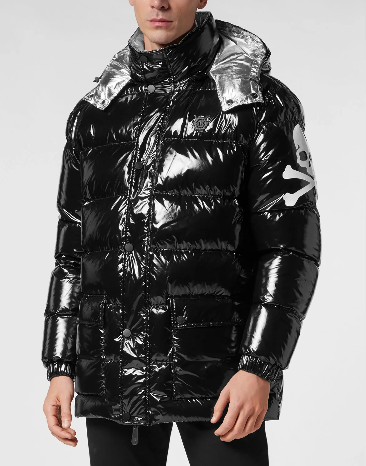 Oversize Nylon Puffer Jacket Skull&Bones, цвет: Черный