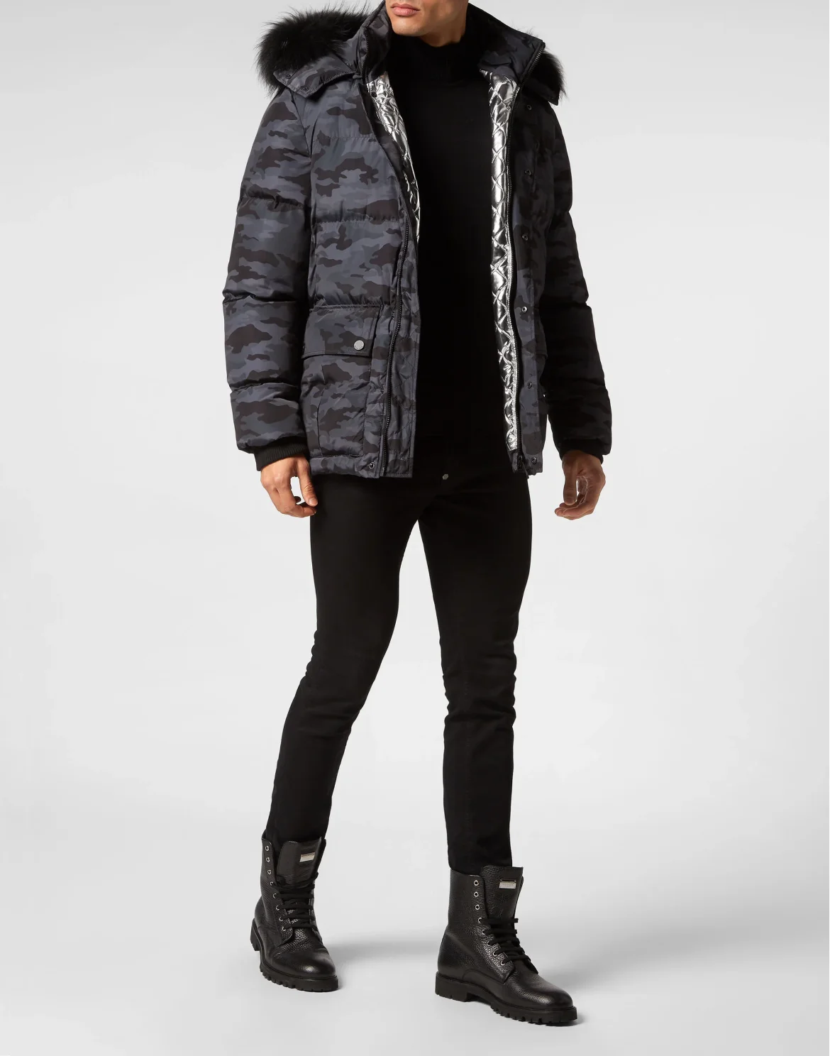 Nylon Parka with Fur Camouflage, цвет: Черный