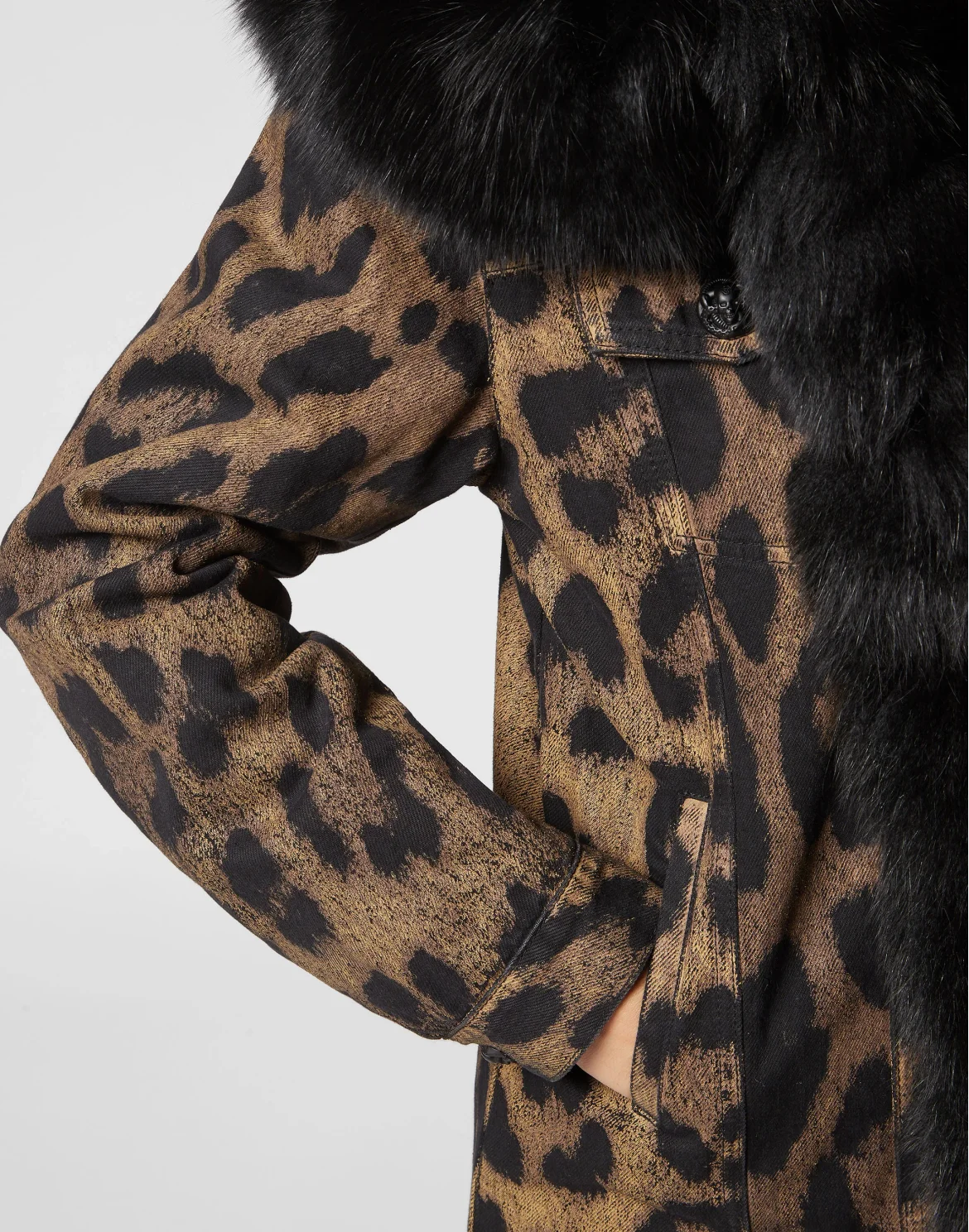 Denim Long Coat with Fur Leopard, цвет: Леопард