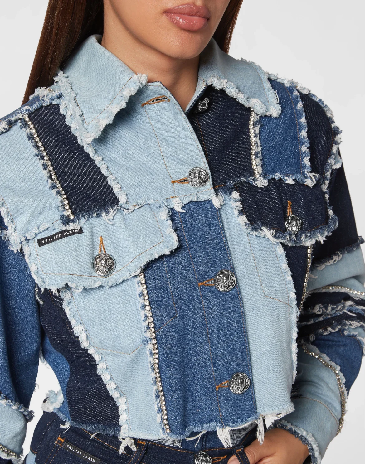 Denim Cropped Jacket Patchwork, цвет: Синий