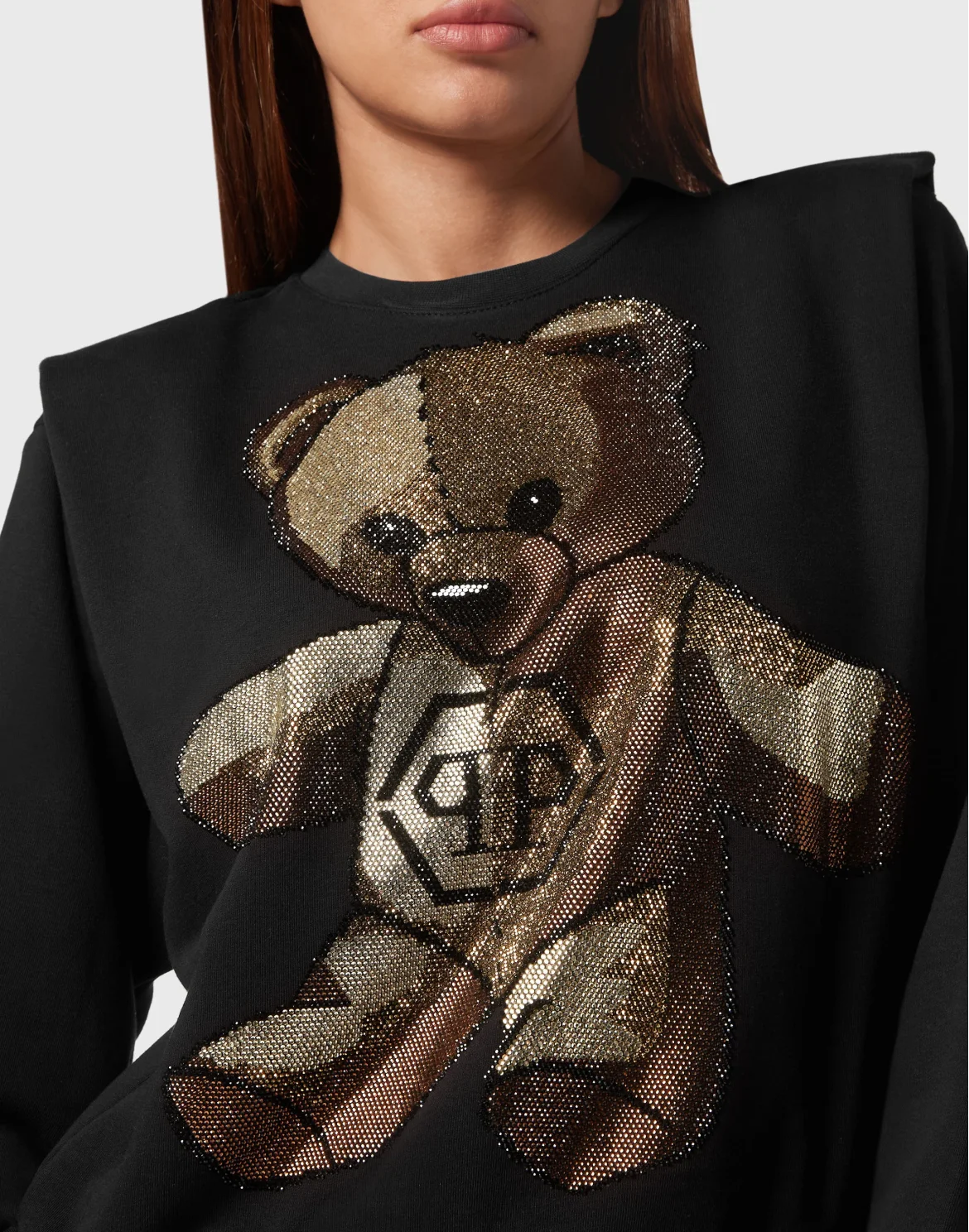 Cropped Padded Shoulder Sweatshirt with Crystals Teddy Bear, цвет: Черный