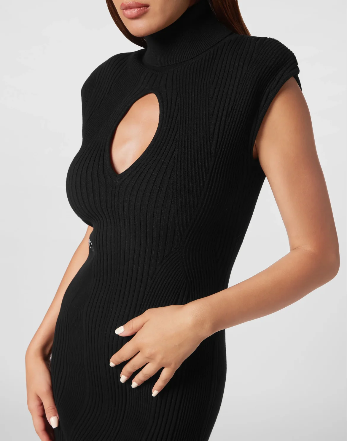 Padded Shoulder Knit Midi Dress, цвет: Черный
