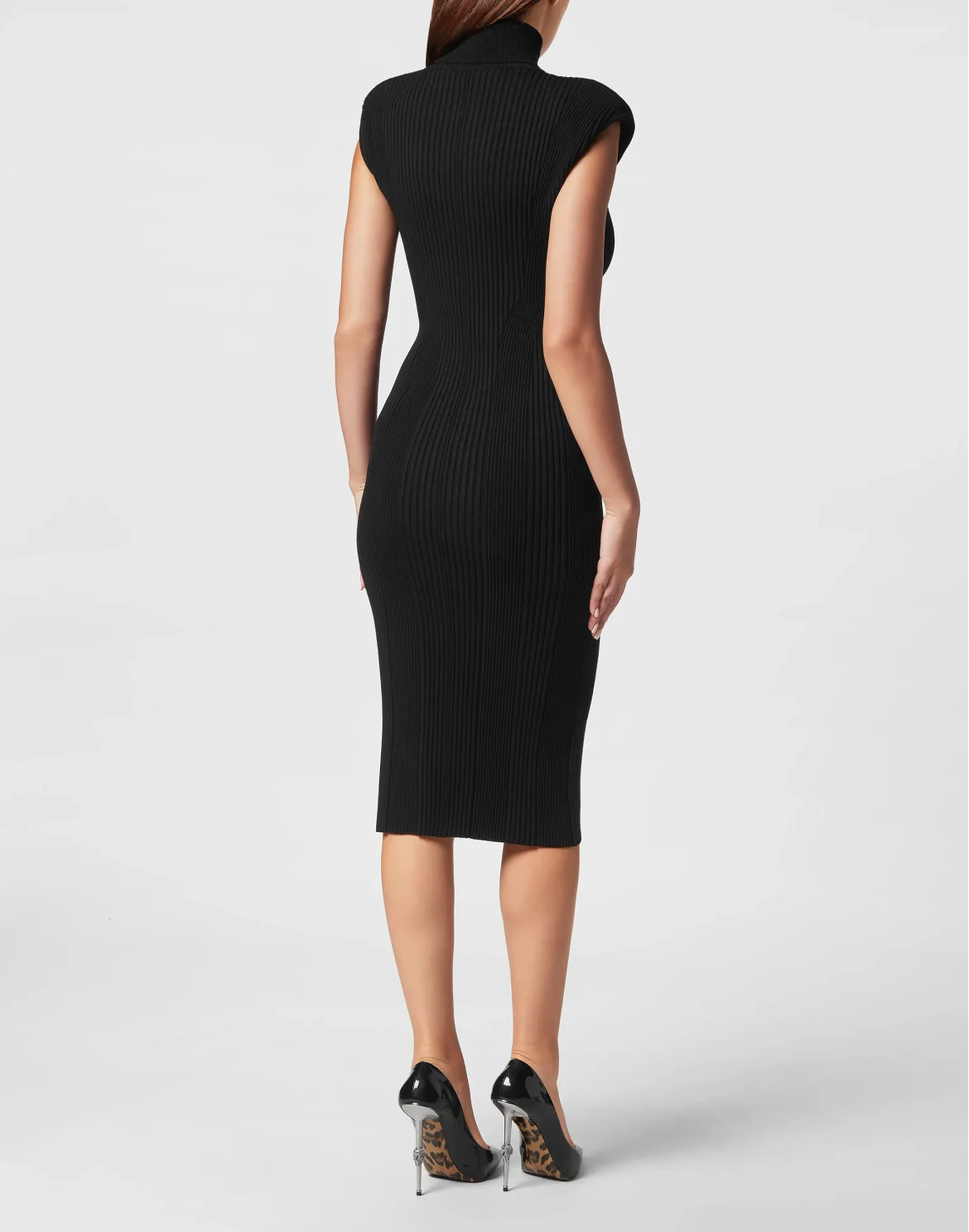 Padded Shoulder Knit Midi Dress, цвет: Черный