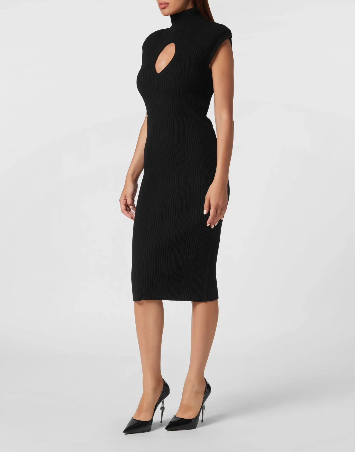 Padded Shoulder Knit Midi Dress, цвет: Черный