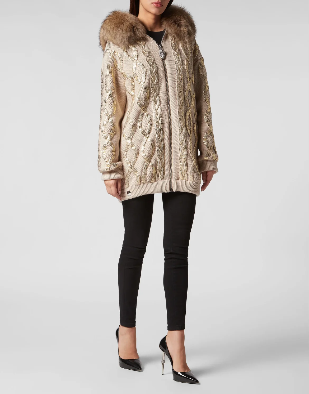 Wool & Foil Lurex Zip Cardigan, цвет: Золотой
