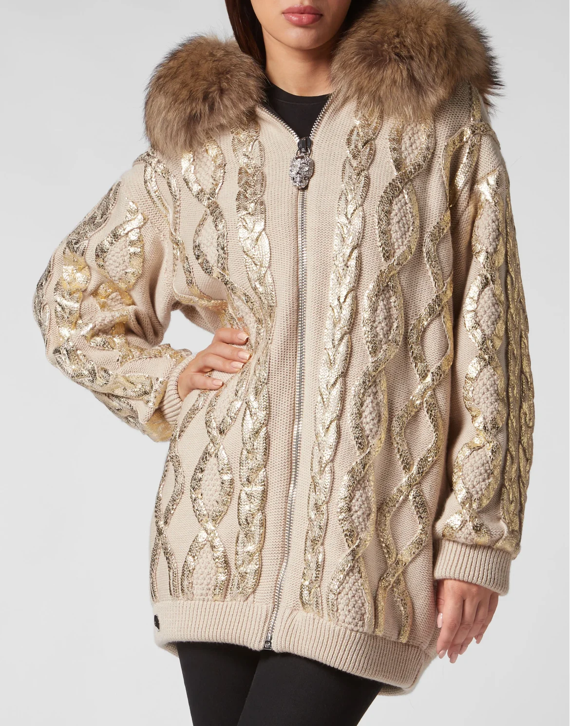 Wool & Foil Lurex Zip Cardigan, цвет: Золотой