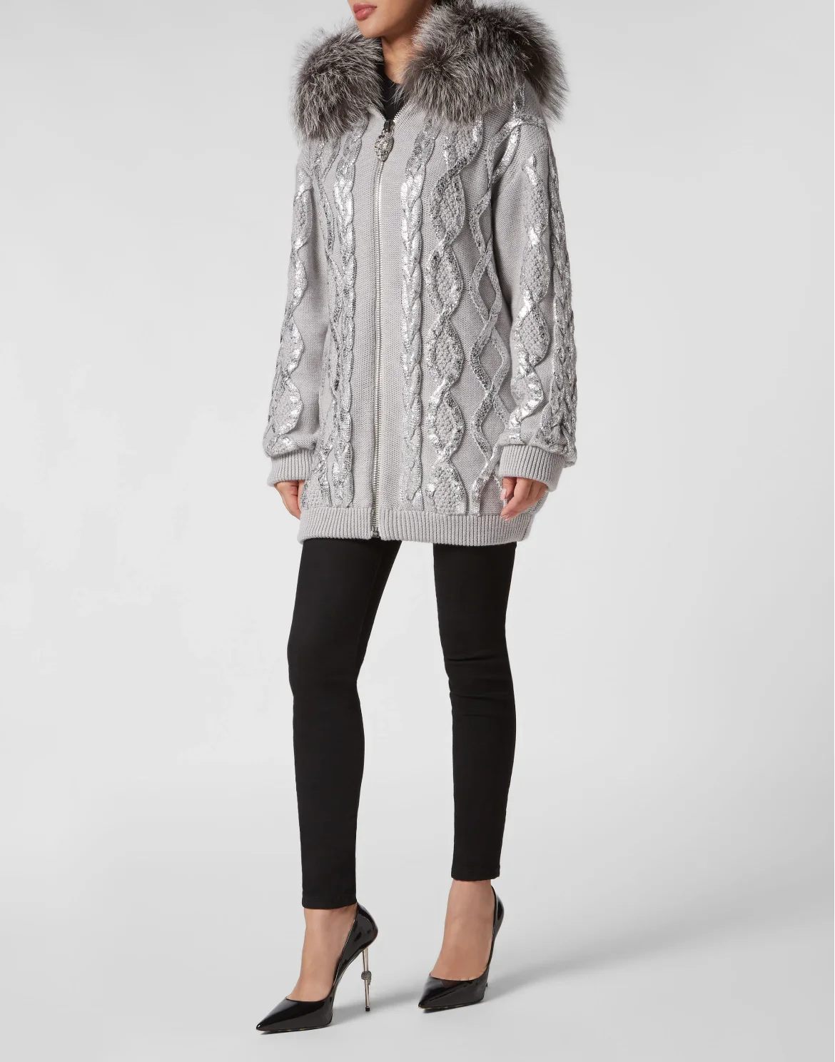 Wool & Foil Lurex Zip Cardigan, цвет: Серебристый