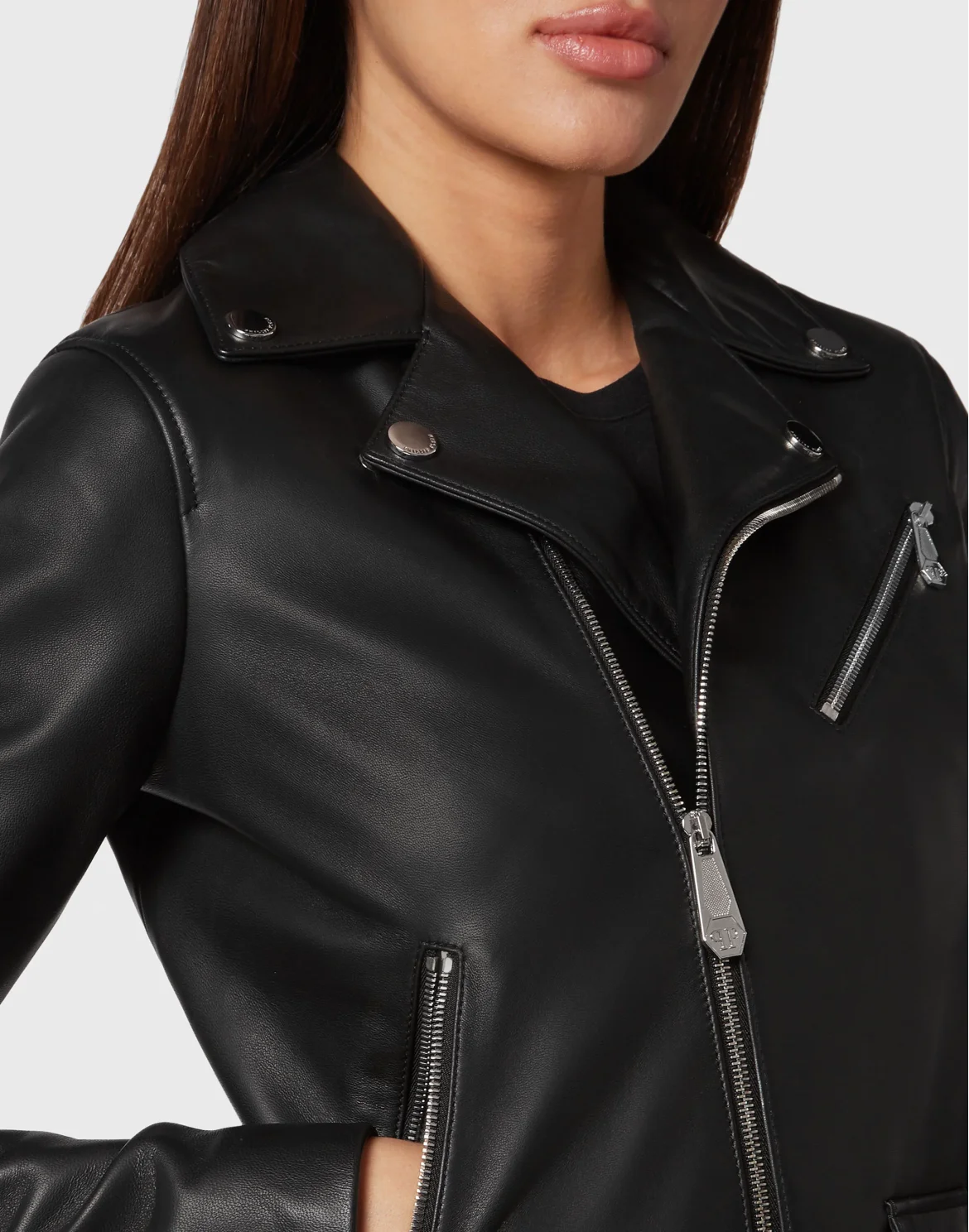 Leather Boxy Biker Jacket with Crystals, цвет: Черный