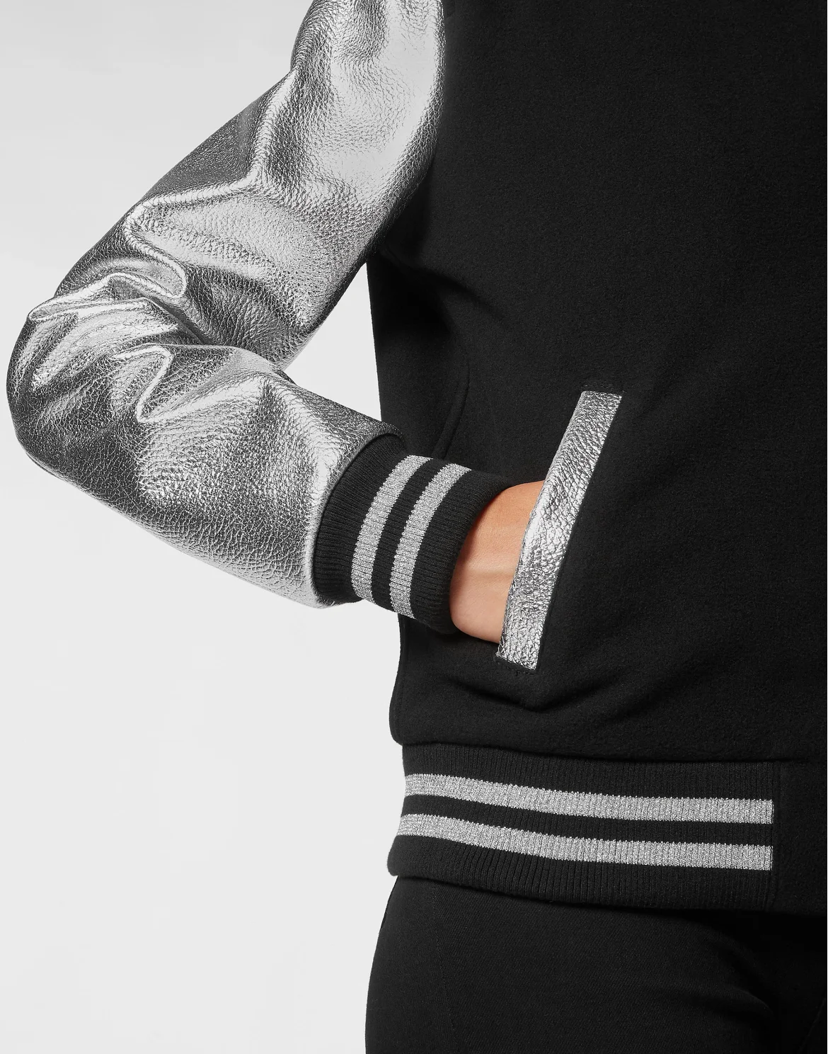 Wool College Bomber with Leather Arms, цвет: Серебристый