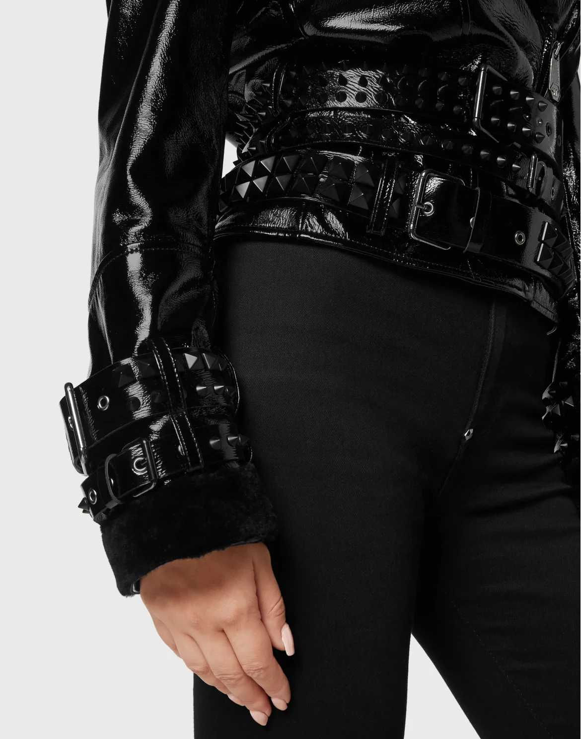 Oversized Shearling & Patent Leather Jacket, цвет: Черный