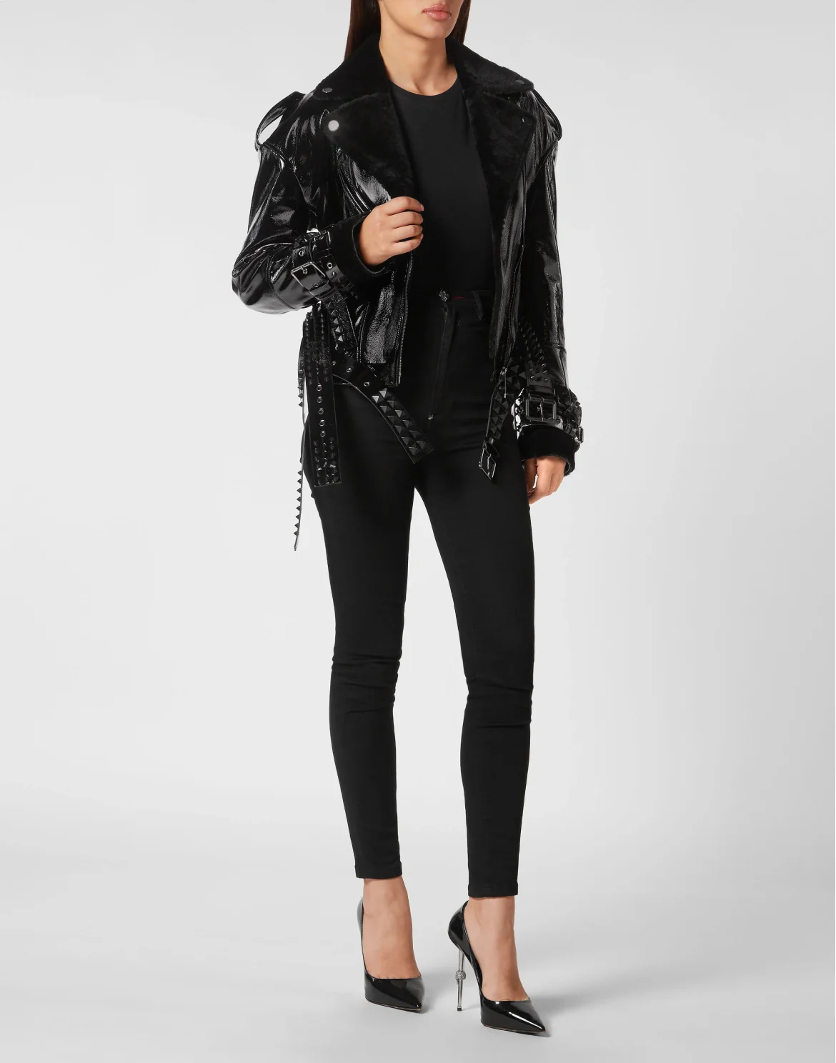 Oversized Shearling & Patent Leather Jacket, цвет: Черный