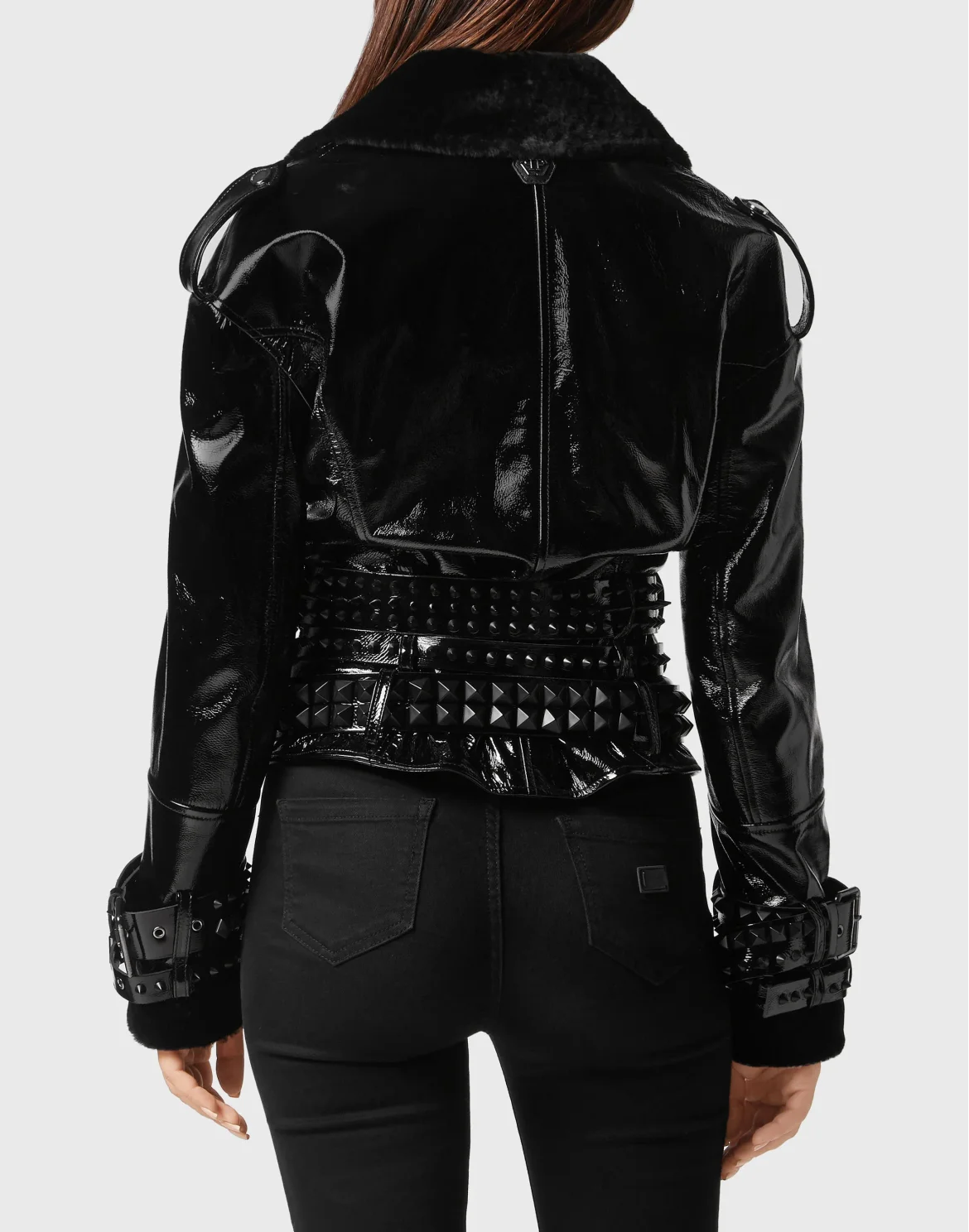 Oversized Shearling & Patent Leather Jacket, цвет: Черный