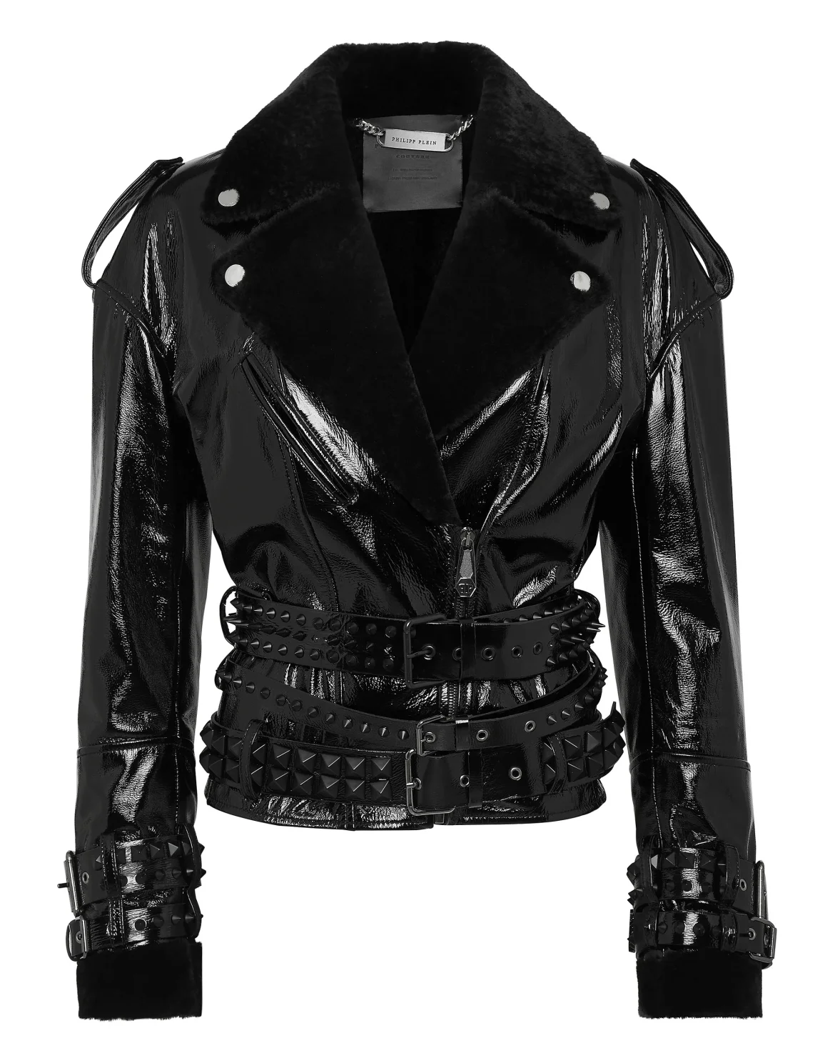 Oversized Shearling & Patent Leather Jacket, цвет: Черный