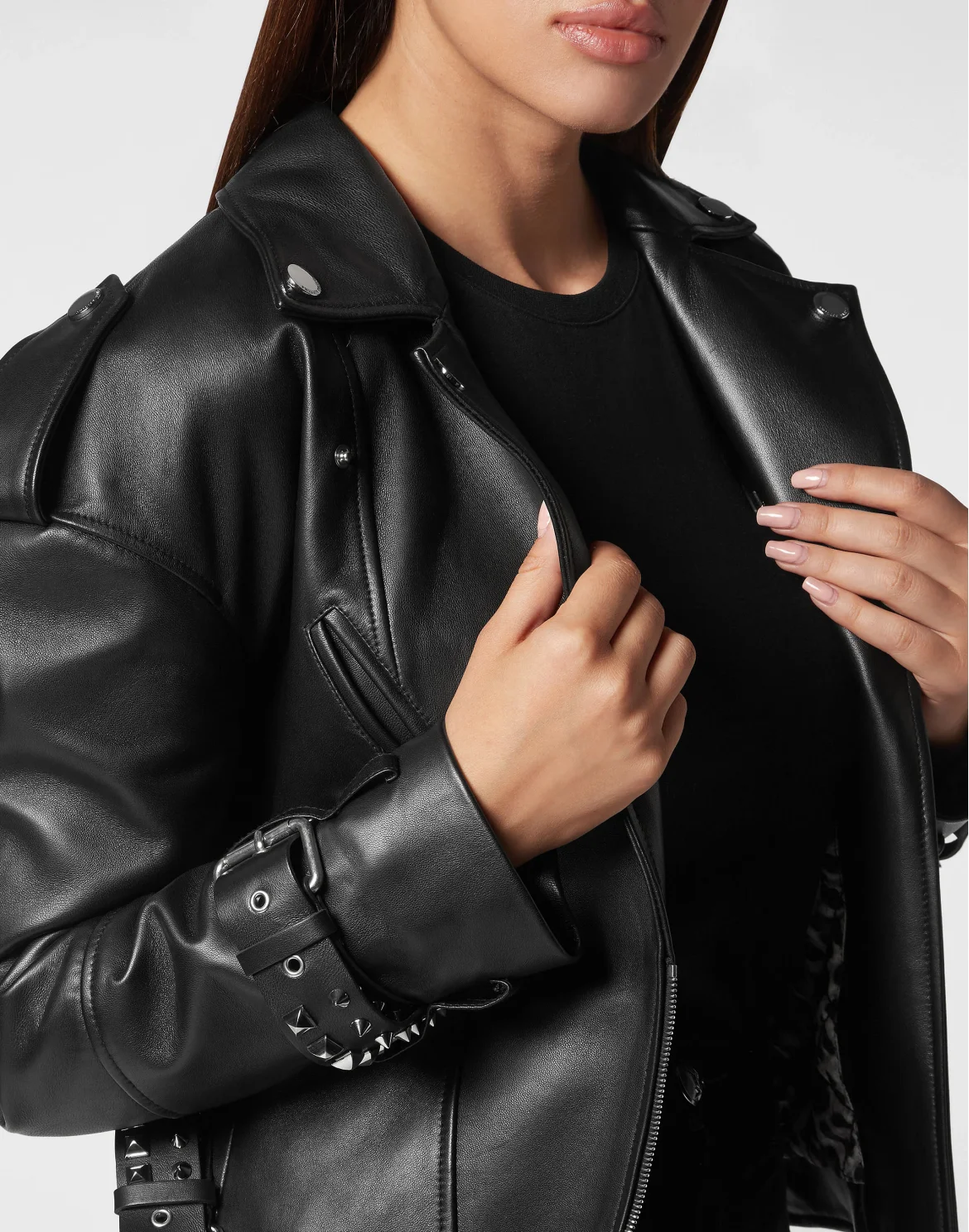 Oversized Leather Jacket Gothic Plein, цвет: Черный
