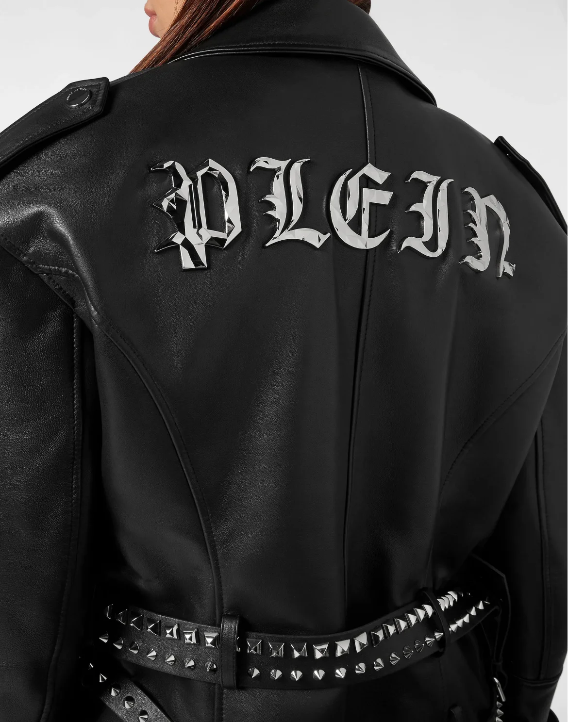 Oversized Leather Jacket Gothic Plein, цвет: Черный