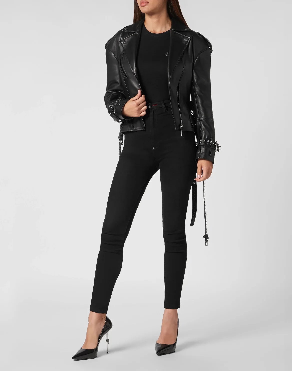 Oversized Leather Jacket Gothic Plein, цвет: Черный