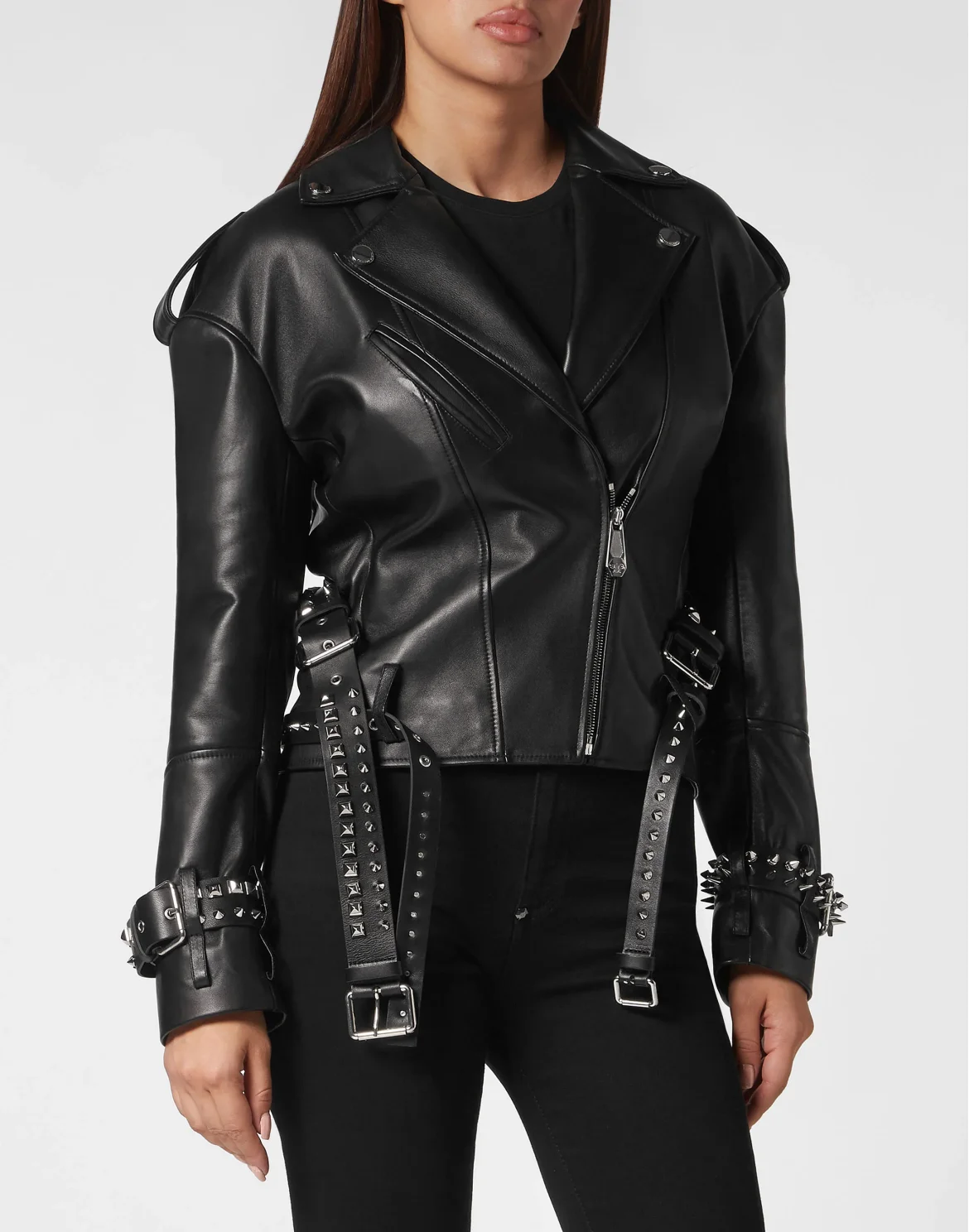 Oversized Leather Jacket Gothic Plein, цвет: Черный