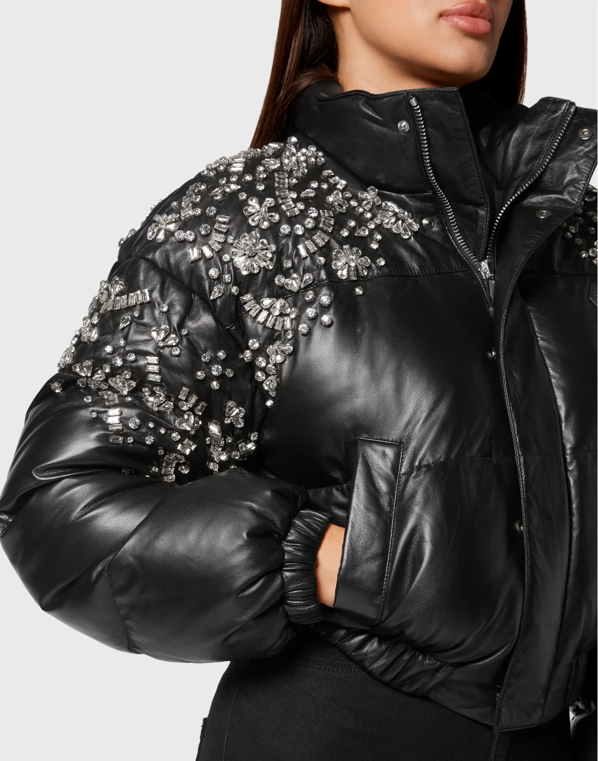 Leather Puffer Jacket Crystal, цвет: Черный