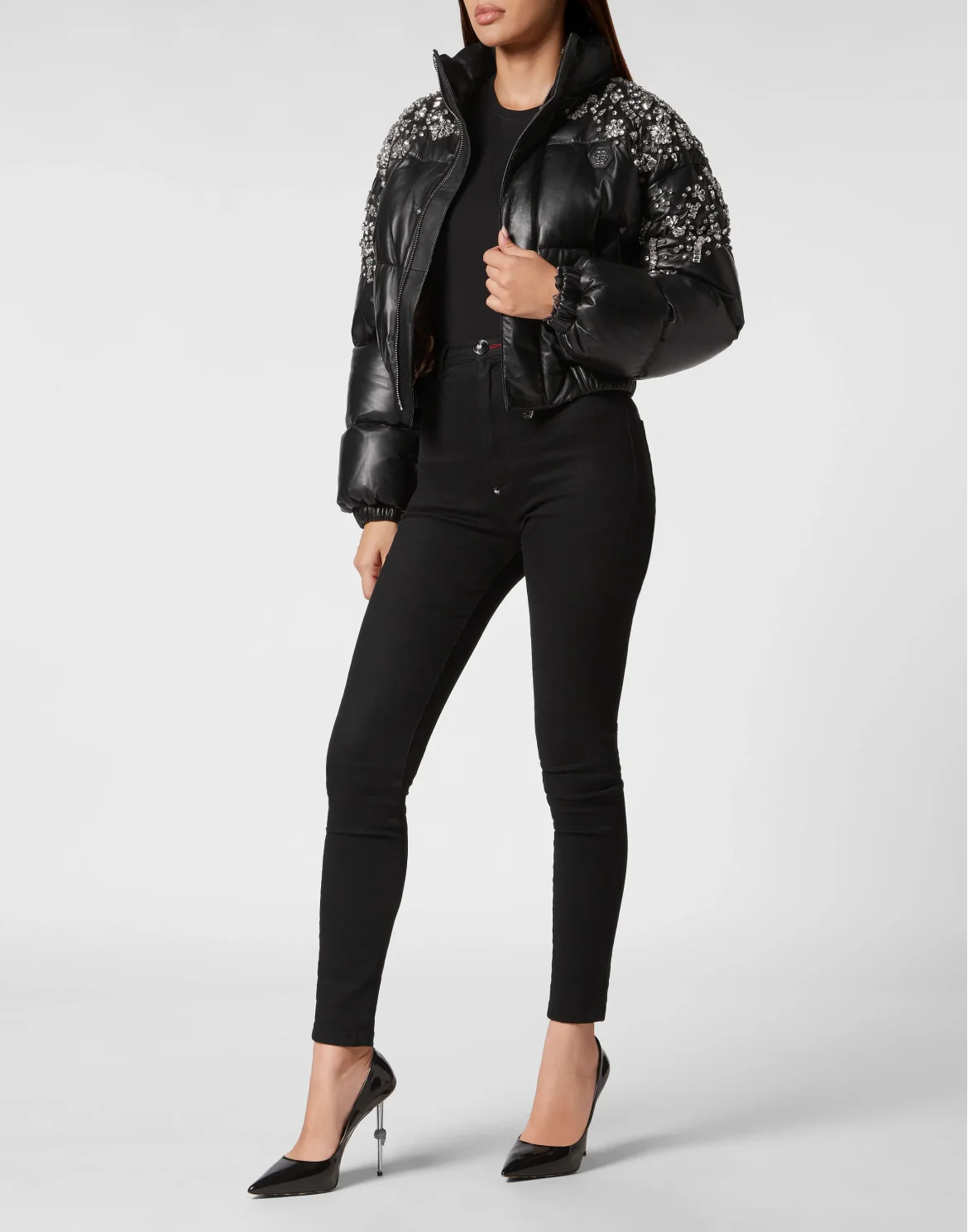 Leather Puffer Jacket Crystal, цвет: Черный
