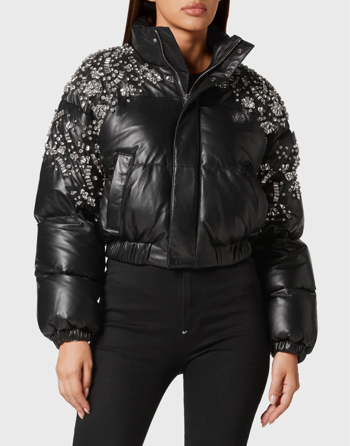 Leather Puffer Jacket Crystal, цвет: Черный