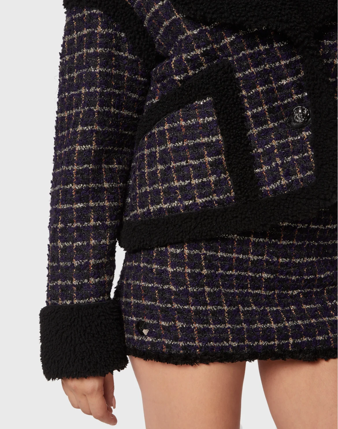 Tweed and Shearling Mix Coat Loose Fit Tartan, цвет: Черный