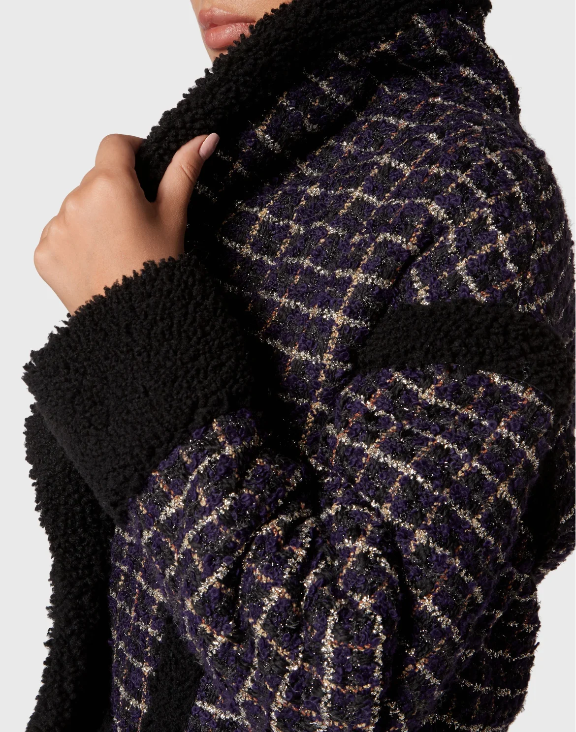 Tweed and Shearling Mix Coat Loose Fit Tartan, цвет: Черный