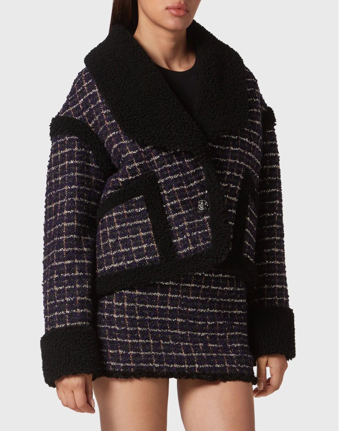 Tweed and Shearling Mix Coat Loose Fit Tartan, цвет: Черный
