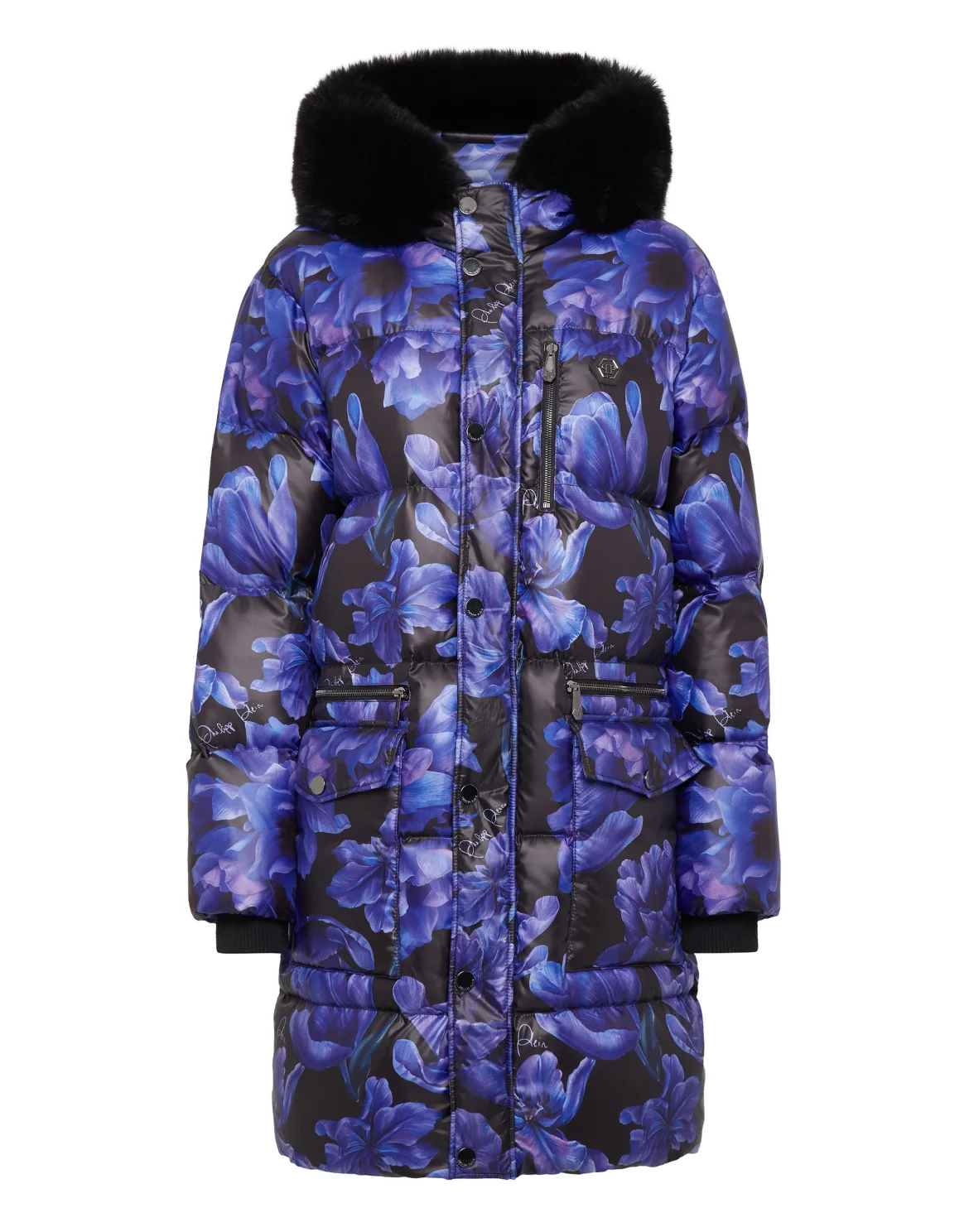 Nylon Parka with Fur Flowers, цвет: Черный