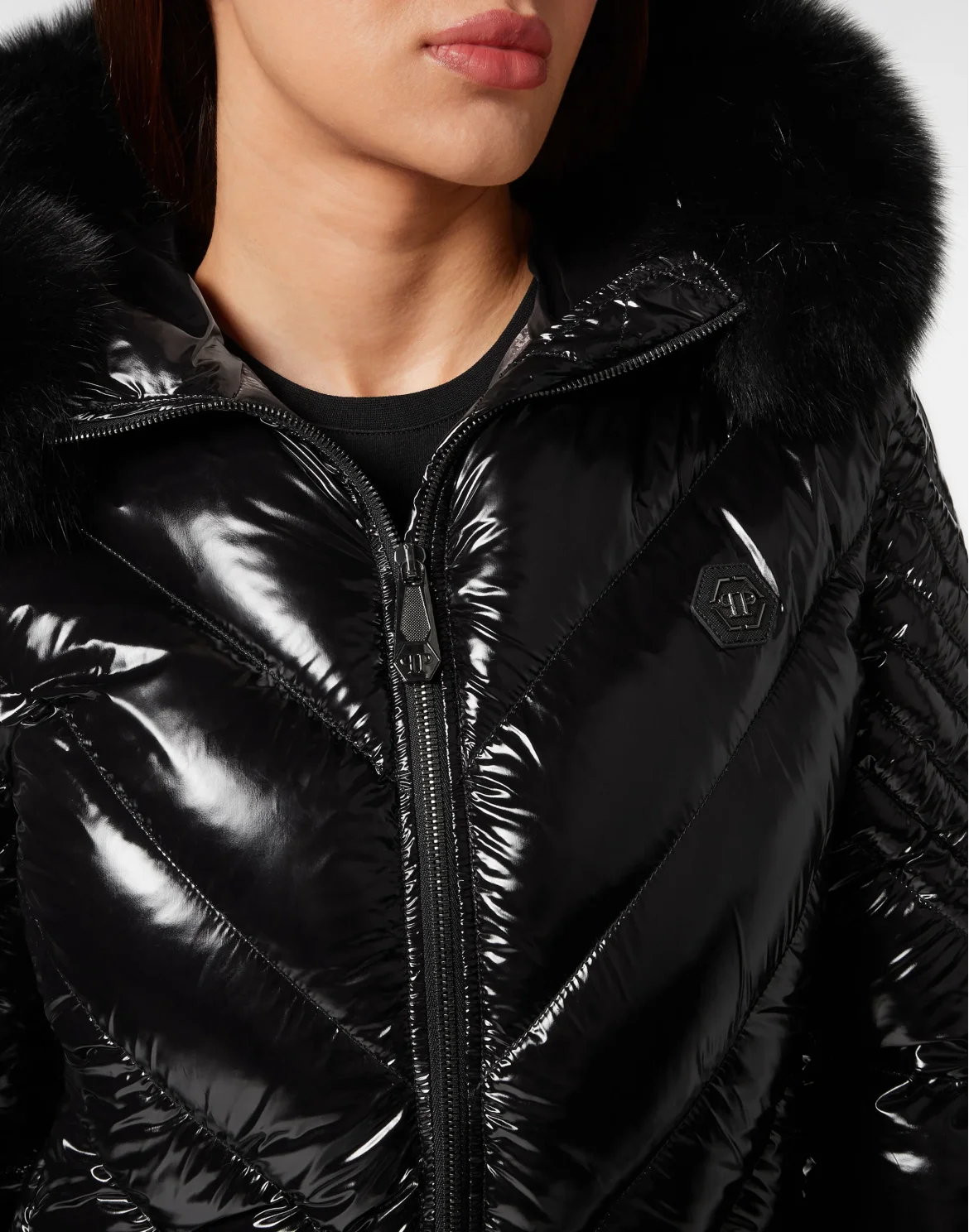 Nylon Down Jacket with Fur, цвет: Черный