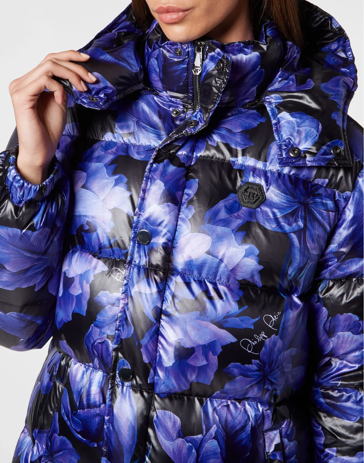 Nylon Superlong Down Jacket Flowers, цвет: Черный
