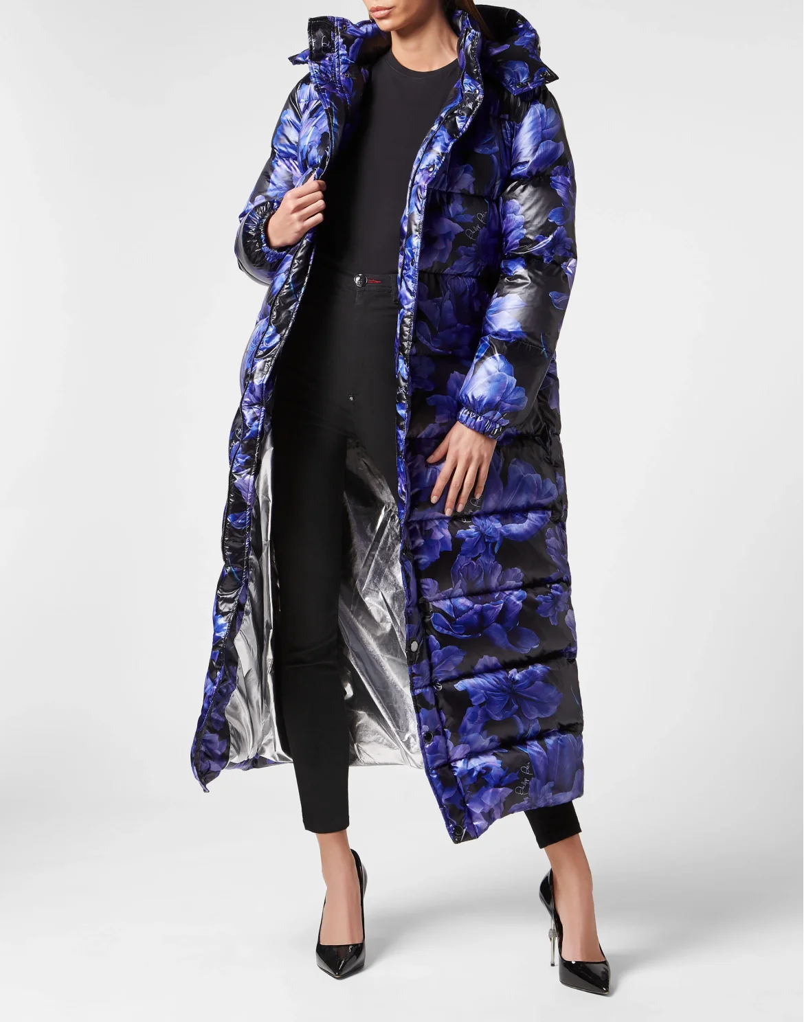 Nylon Superlong Down Jacket Flowers, цвет: Черный