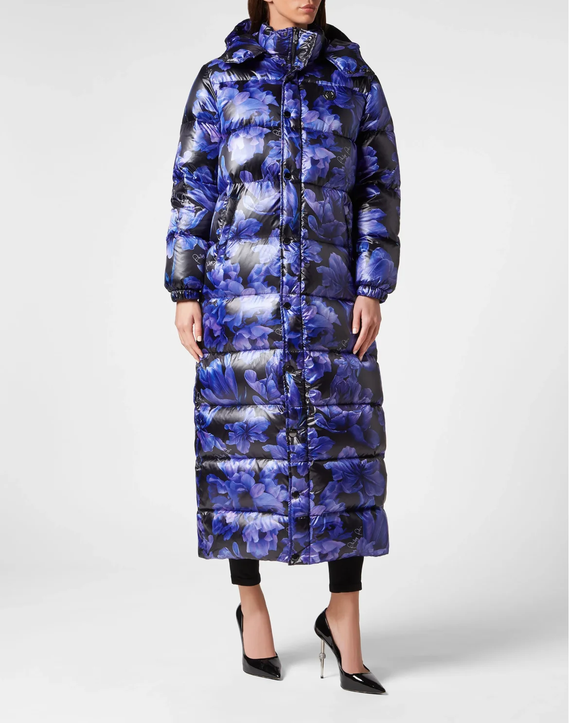 Nylon Superlong Down Jacket Flowers, цвет: Черный