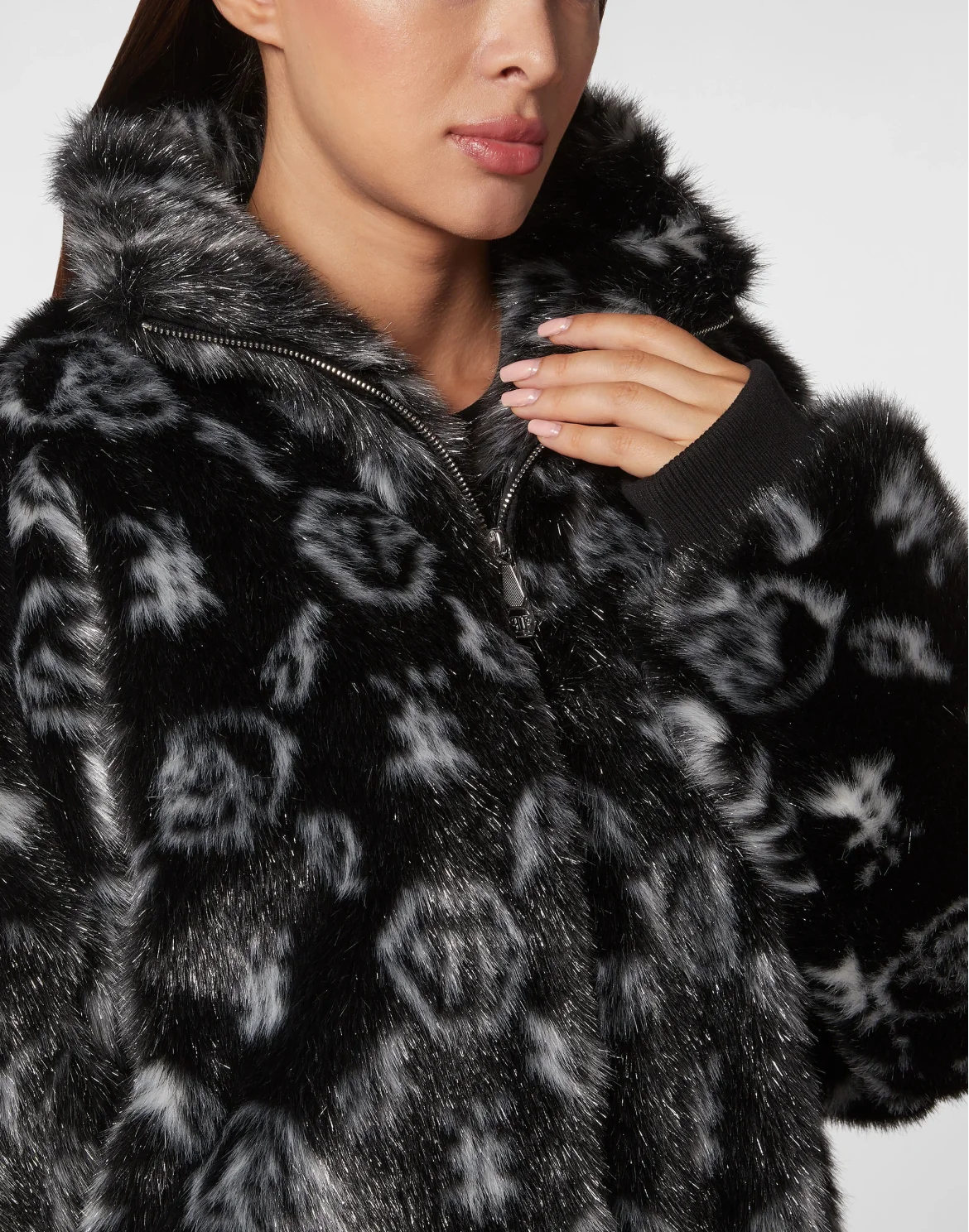 Lurex Eco Fur Maxi Bomber Monogram, цвет: Черный