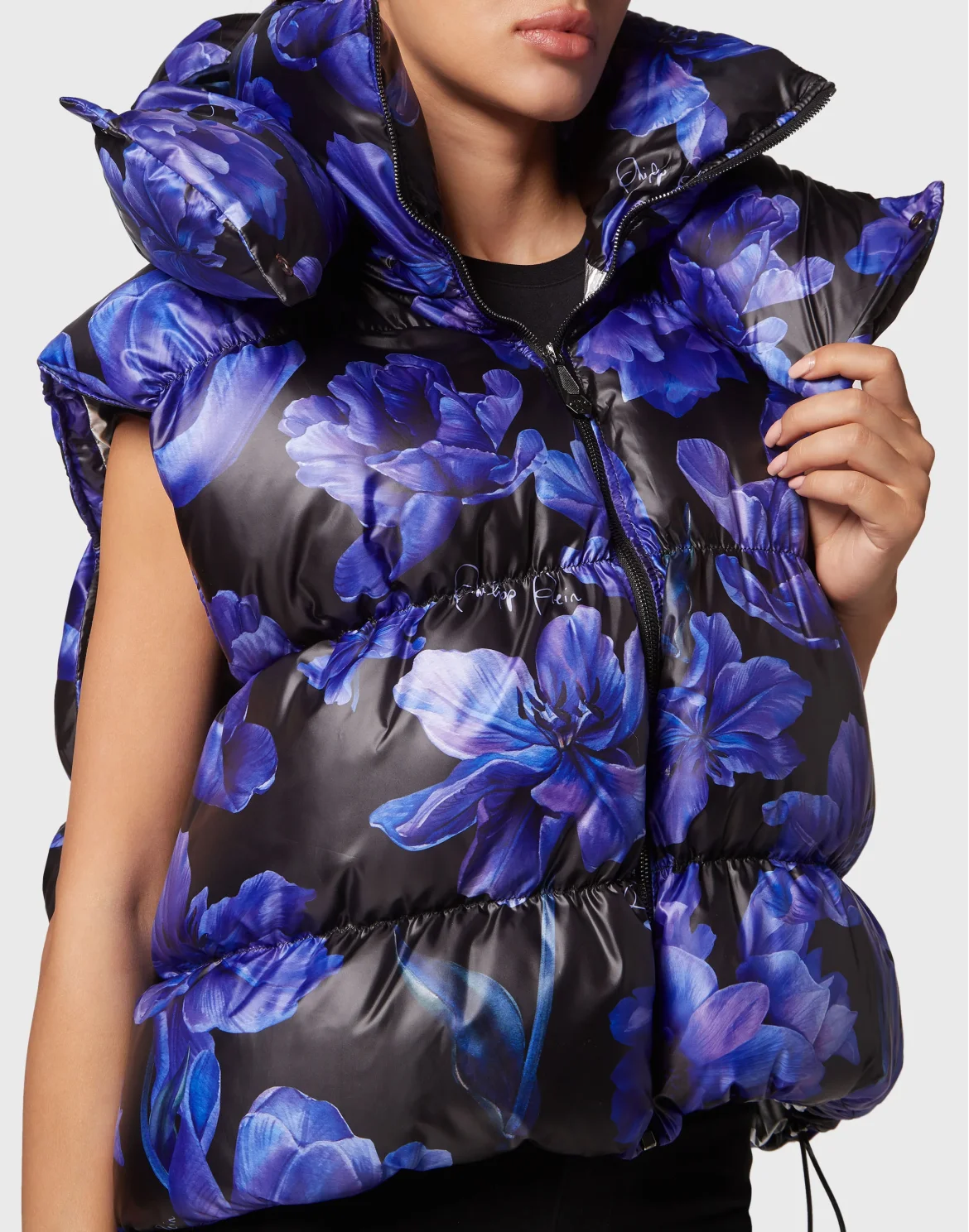 Nylon Down Jacket Vest Flowers, цвет: Черный