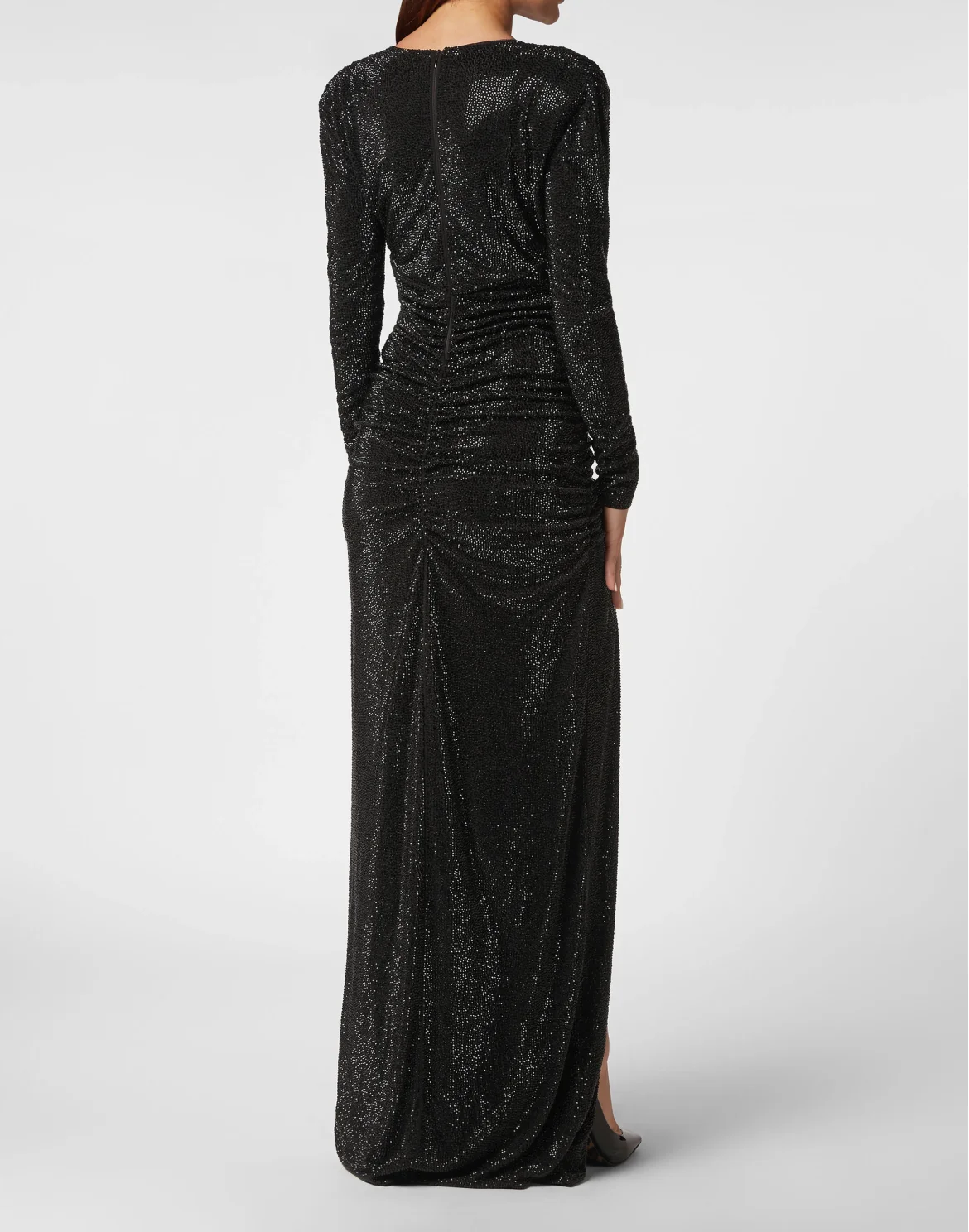 Padded Shoulder V-Neck Long Dress, цвет: Черный