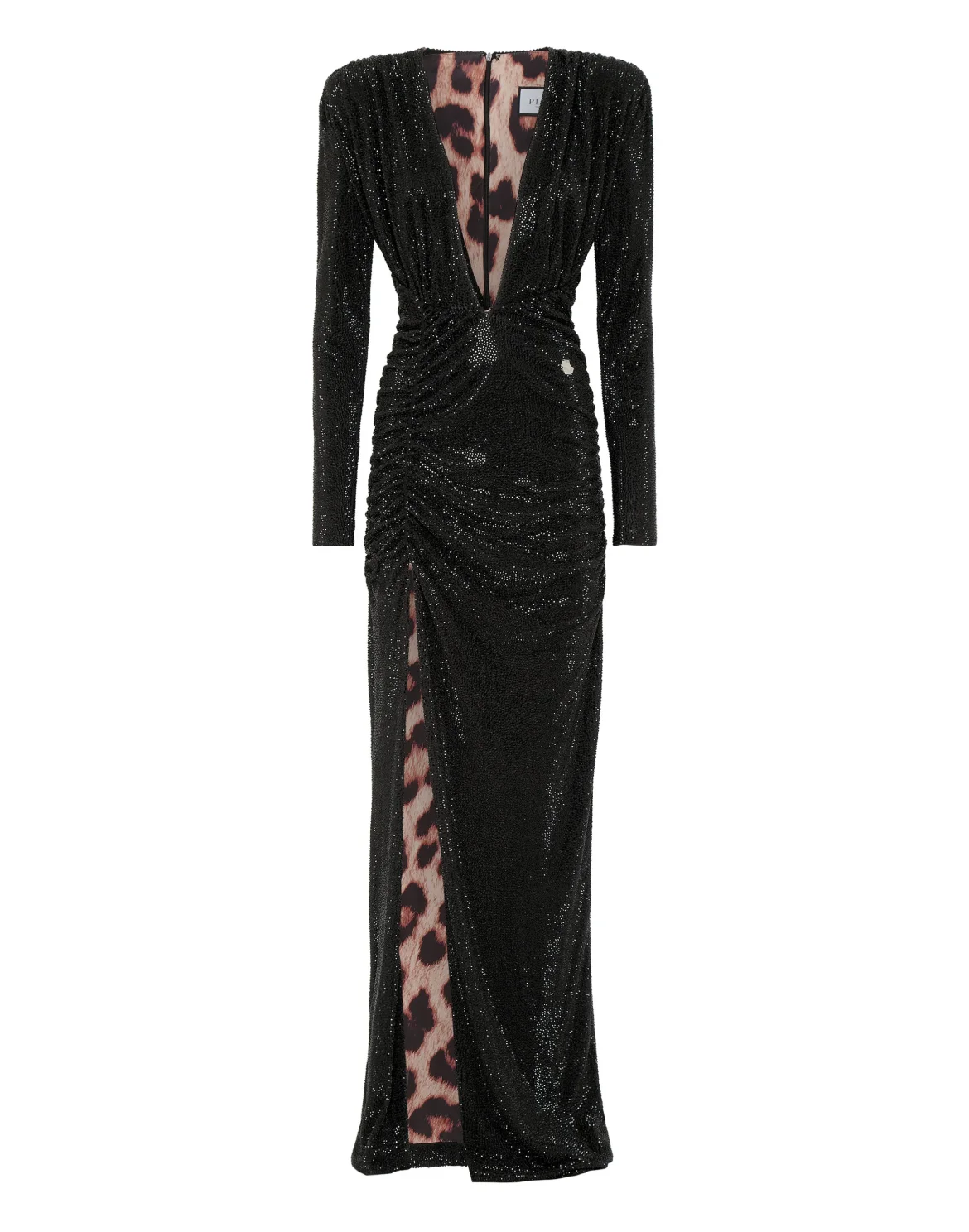 Padded Shoulder V-Neck Long Dress, цвет: Черный